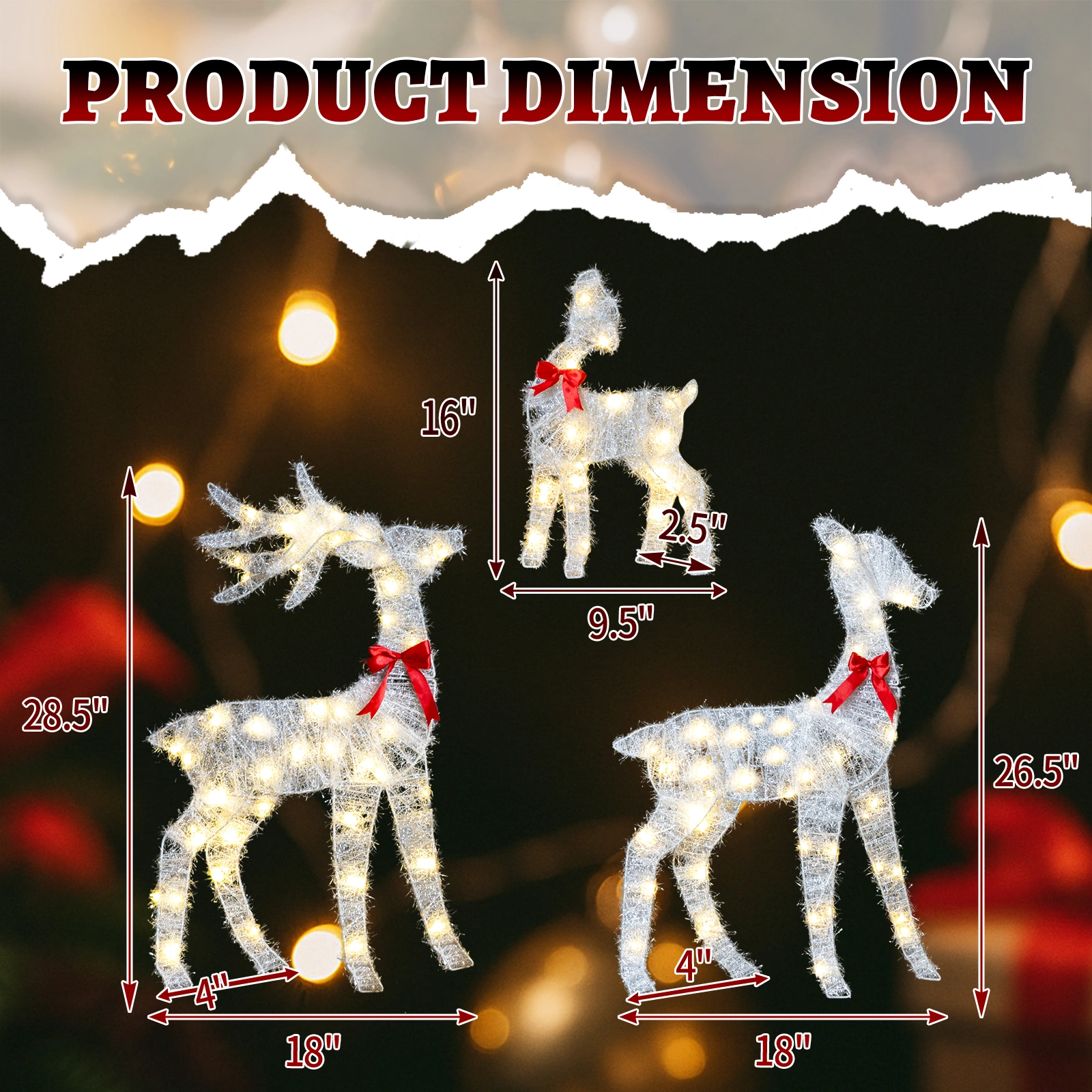 Christmas Reindeer Family Set of 3, 2.4ft Pre-lit 110 LED Warm White Tinsel Deer Outdoor Decor, Weatherproof White Holiday Yard Art view 6