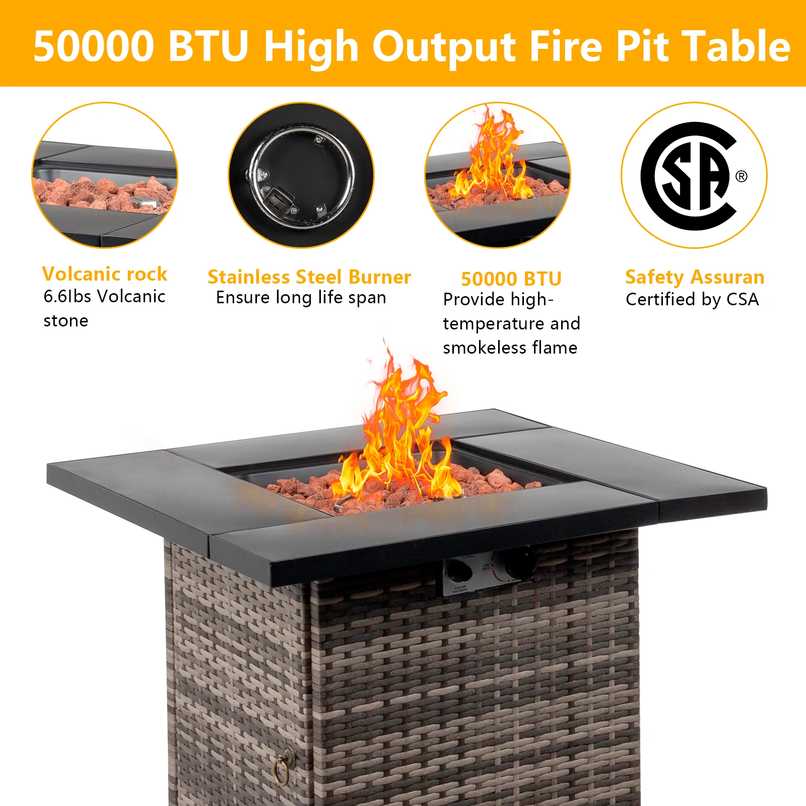 28-Inch Fire Table, 50000 BTU Gas Firepit with Volcanic Stone Black view 4