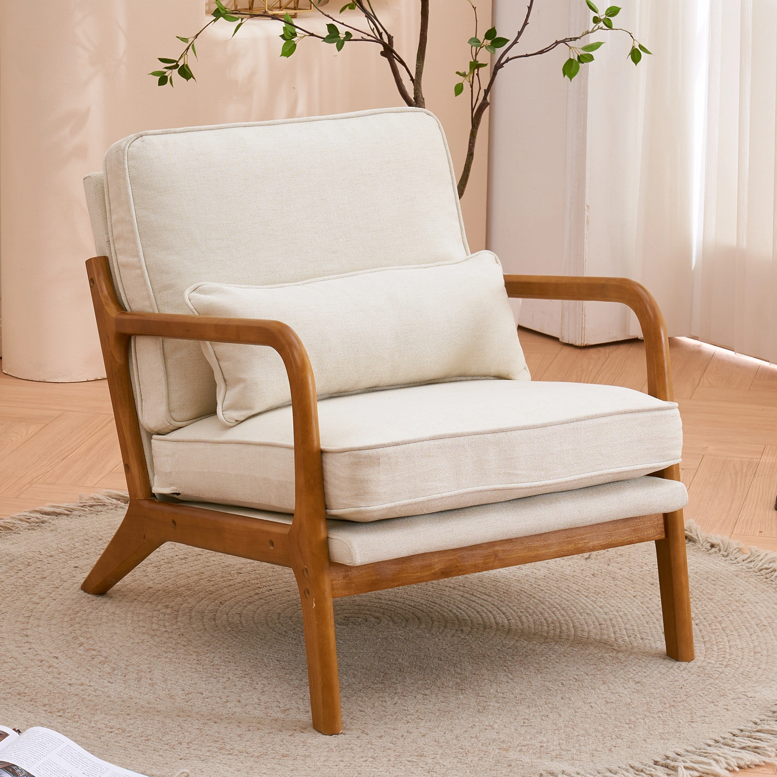 Oak Armrest Oak Upholstered Single Lounge Chair Indoor Lounge Chair Off-White view 18