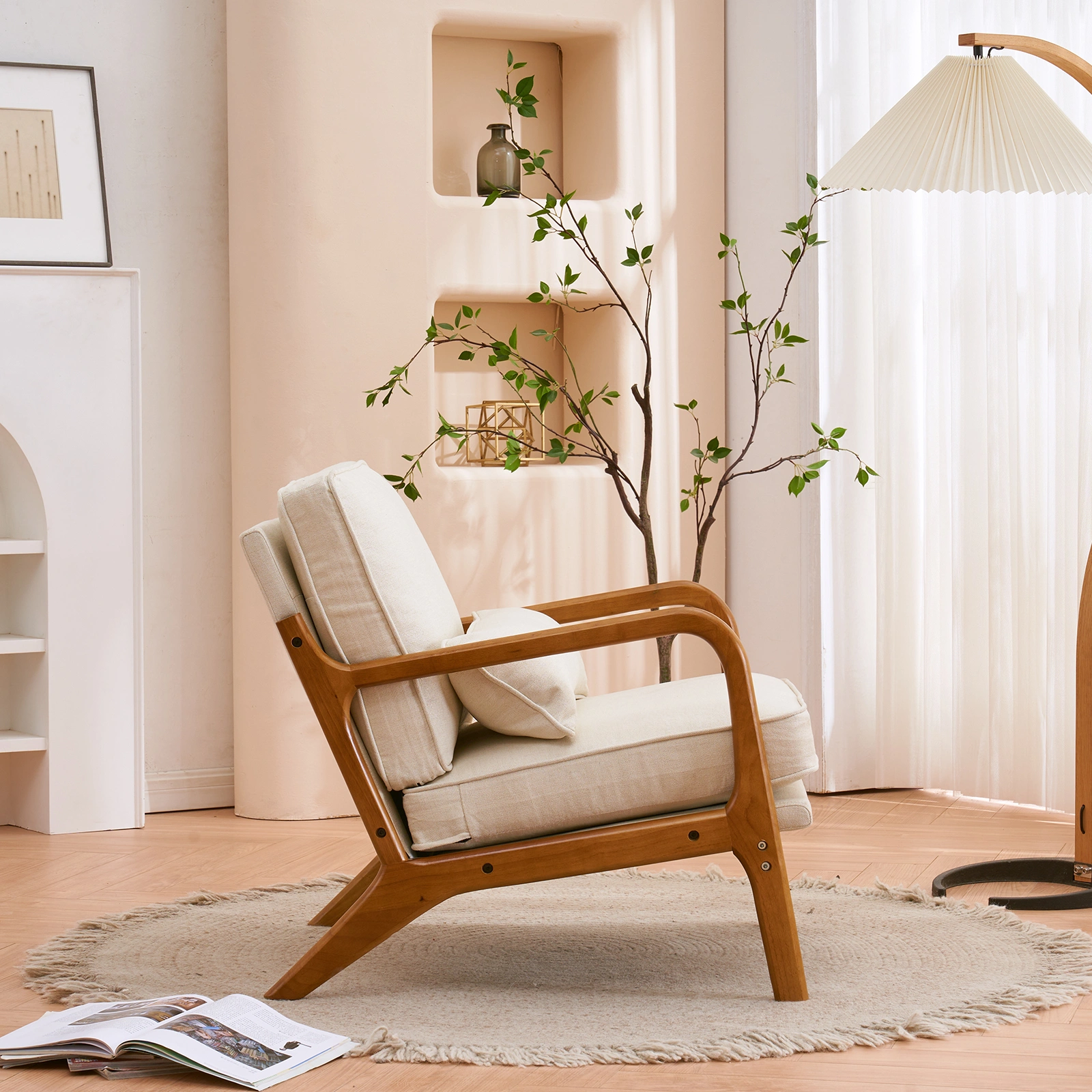 Oak Armrest Oak Upholstered Single Lounge Chair Indoor Lounge Chair Off-White view 22