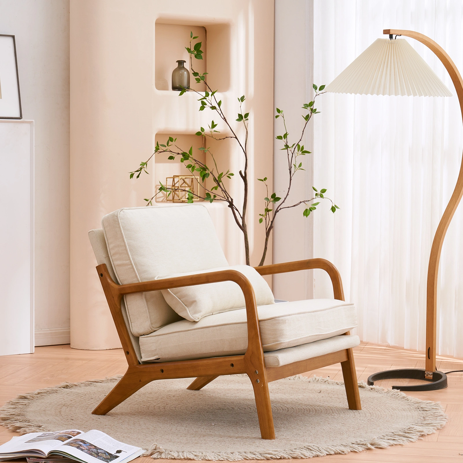 Oak Armrest Oak Upholstered Single Lounge Chair Indoor Lounge Chair Off-White view 23