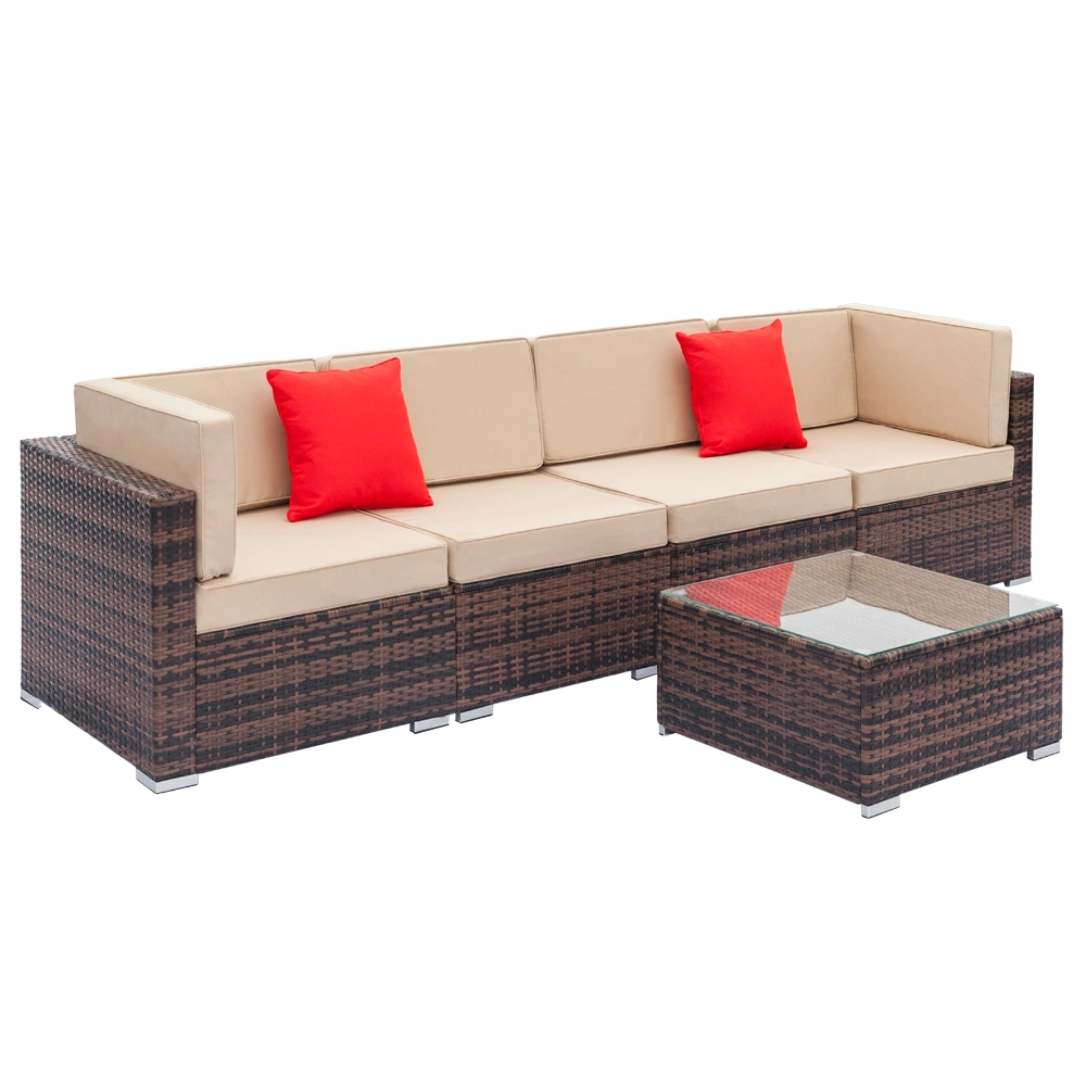 Woven Rattan Sofa Set - 7-Piece Patio Furniture with 2 Corner Sofas, 4 Single Sofas, Coffee Table, Brown Gradient Cushions view 3