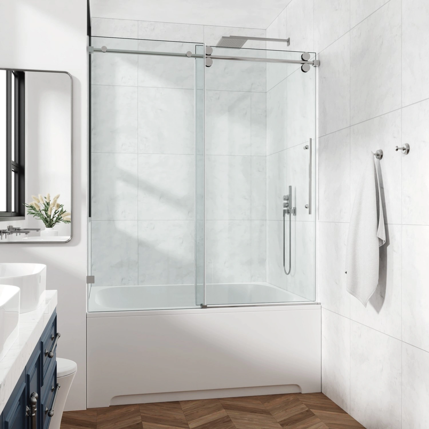 60x76 Inch Frameless Fixed & Sliding Shower Door - 3/8" (10mm) SGCC Tempered Glass, Clear, Stainless Steel Round Tube Hardware