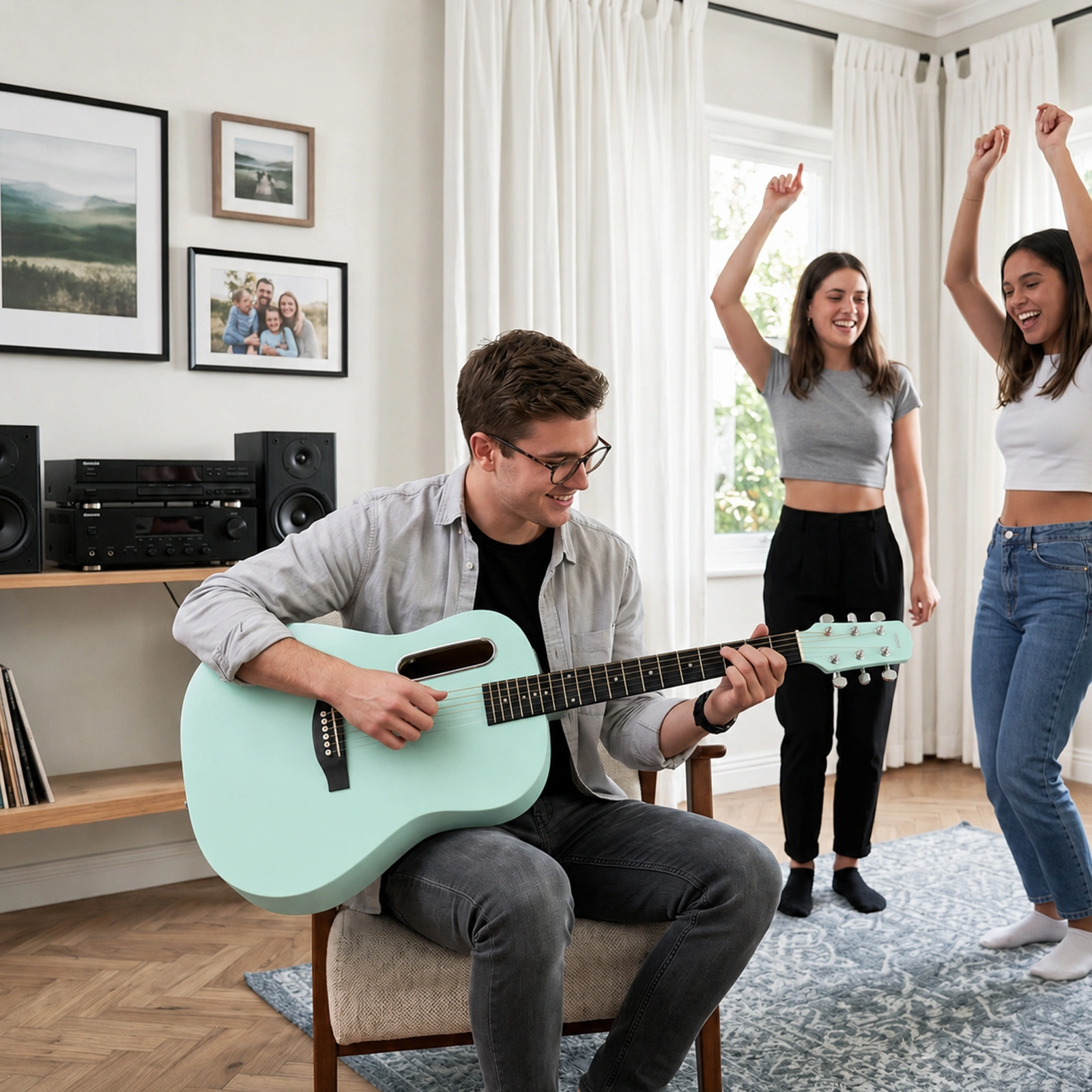 38" Acoustic Guitar for Beginners, H Body Basswood Folk Guitar, Mint Green 6-String Student Guitar w/ Case, Picks & Strap view 11