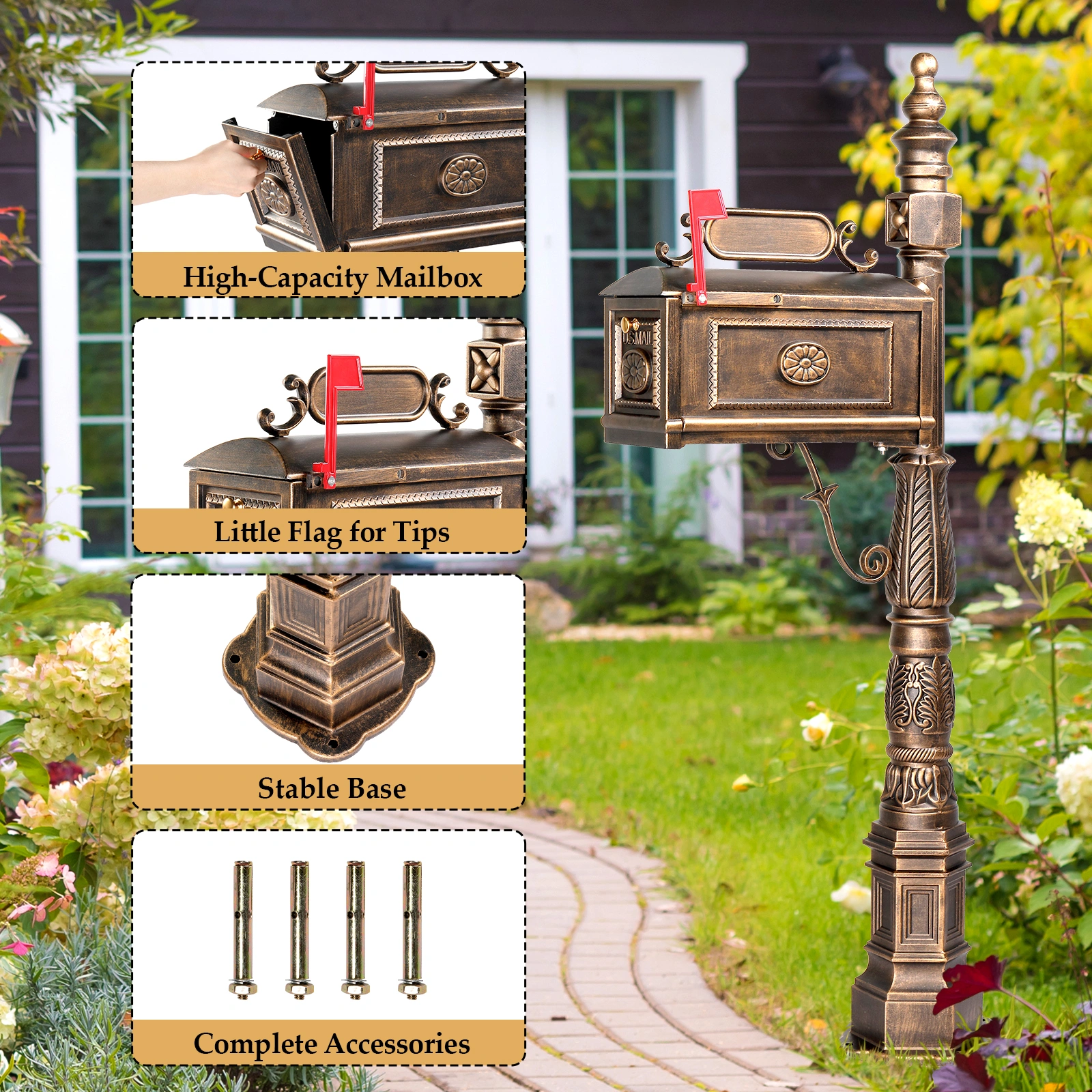 Decorative Large Mailbox with Post, Heavy Duty Cast Aluminum Postal Mail Box with Address Plaque, Antique Bronze view 10