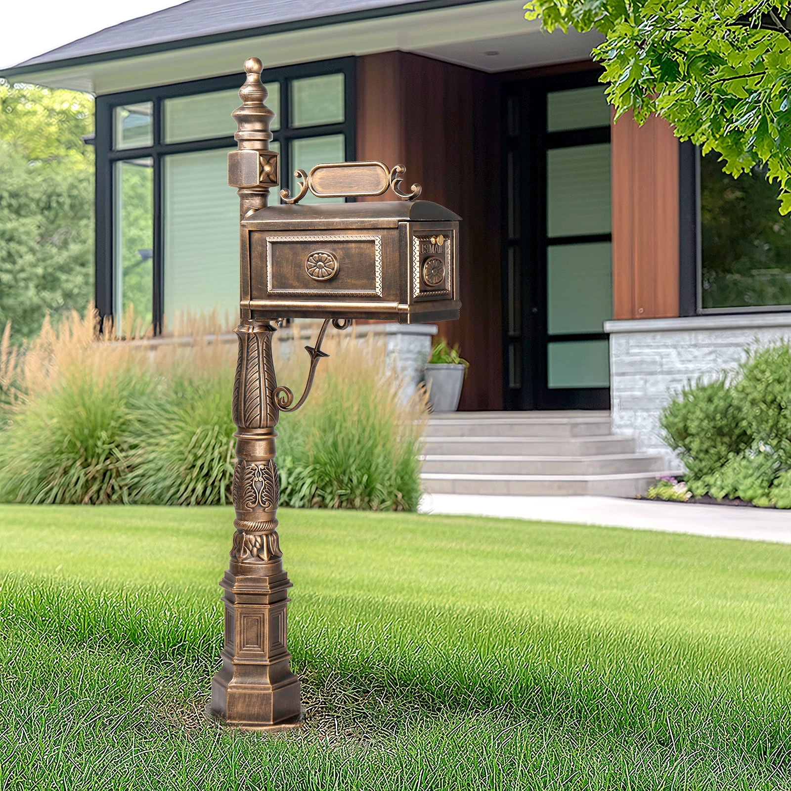 Decorative Large Mailbox with Post, Heavy Duty Cast Aluminum Postal Mail Box with Address Plaque, Antique Bronze view 11