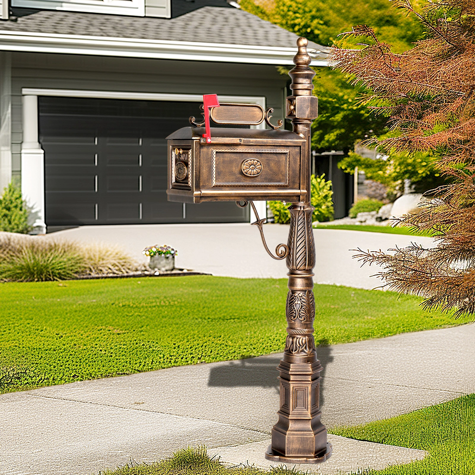 Decorative Large Mailbox with Post, Heavy Duty Cast Aluminum Postal Mail Box with Address Plaque, Antique Bronze view 12