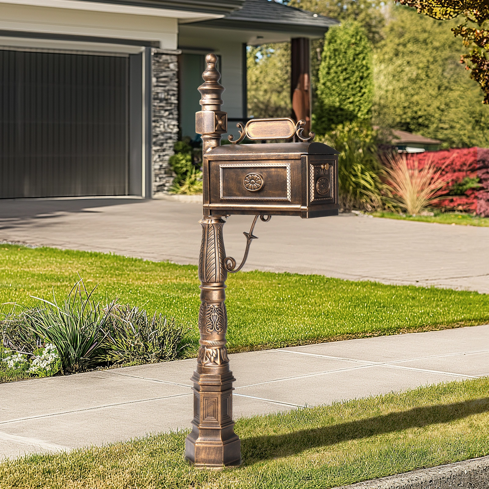 Decorative Large Mailbox with Post, Heavy Duty Cast Aluminum Postal Mail Box with Address Plaque, Antique Bronze view 13