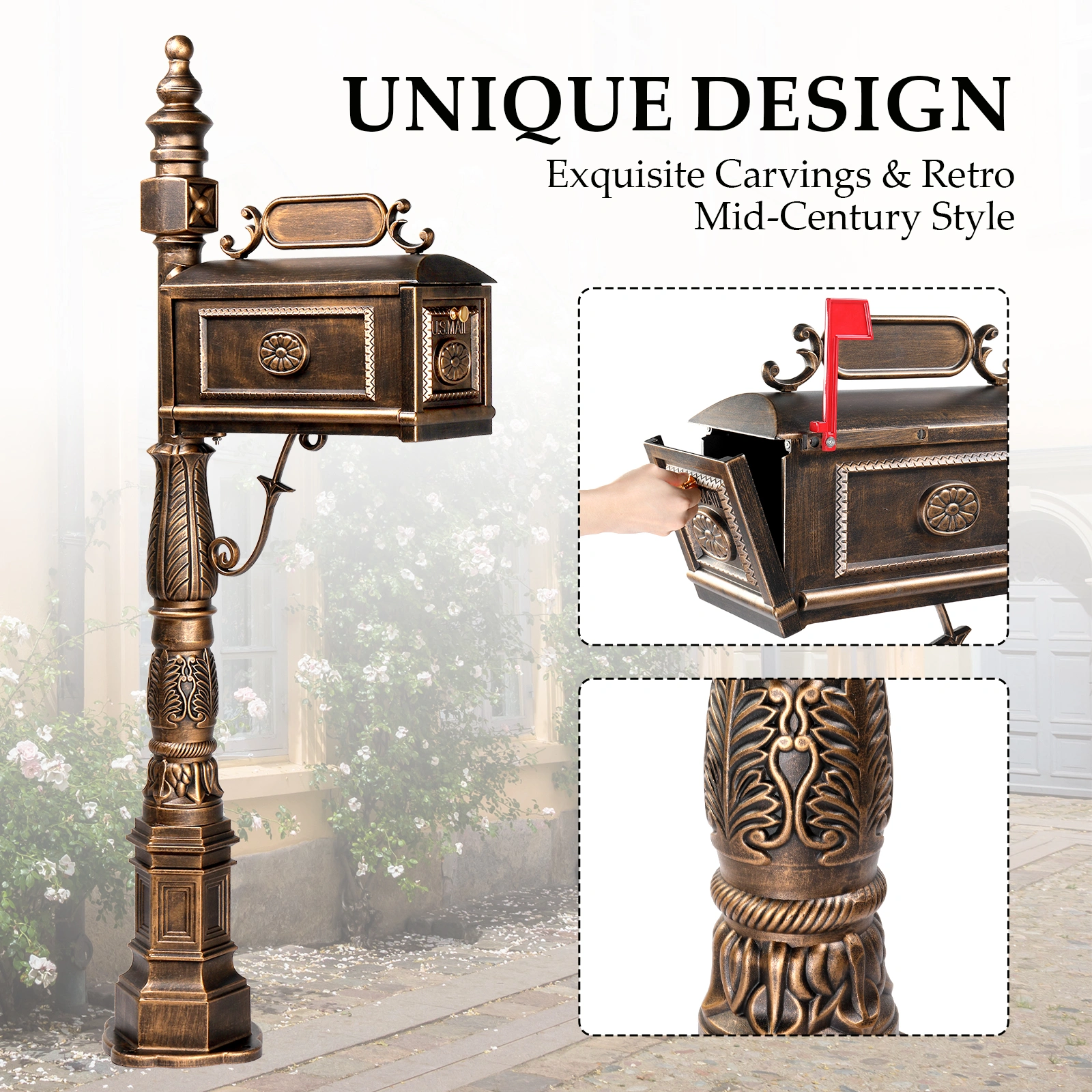 Decorative Large Mailbox with Post, Heavy Duty Cast Aluminum Postal Mail Box with Address Plaque, Antique Bronze view 9