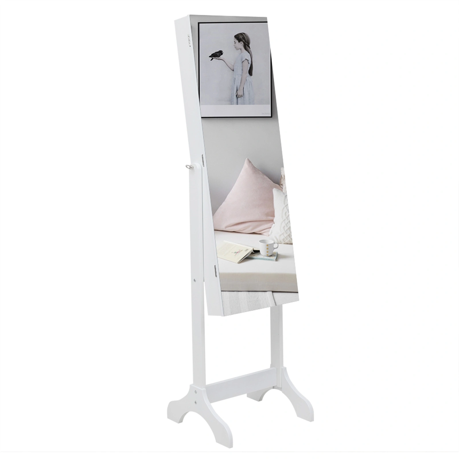 White Wooden Floor Standing Mirror Cabinet 4-Tier Shelf 2 Drawers Adjustable Interior Mirror Jewelry Storage Organizer