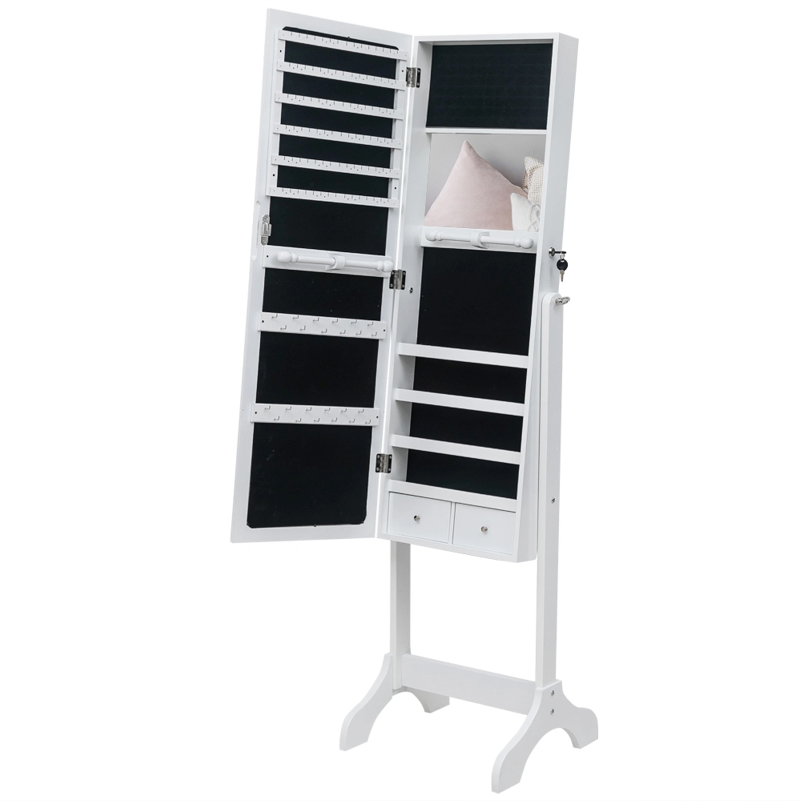 White Wooden Floor Standing Mirror Cabinet 4-Tier Shelf 2 Drawers Adjustable Interior Mirror Jewelry Storage Organizer view 3