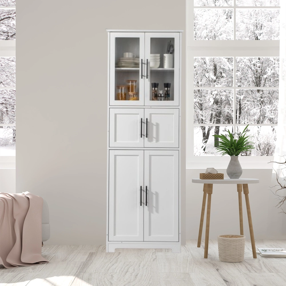 6-Door Bathroom High Cabinet, Tall Storage Cupboard with Shelves, White Finish for Bathroom Organization