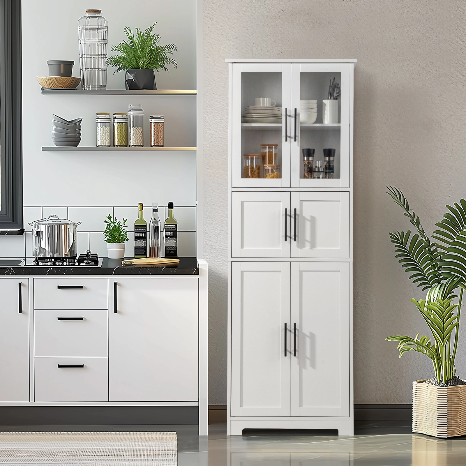 6-Door Bathroom High Cabinet, Tall Storage Cupboard with Shelves, White Finish for Bathroom Organization view 2