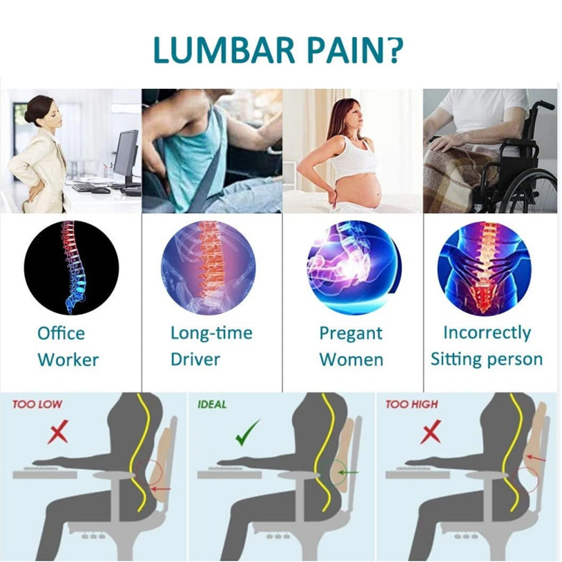 Memory Foam Seat Back Support Cushion, Lumbar Lower Pain Relief Chair Car Pillow view 5