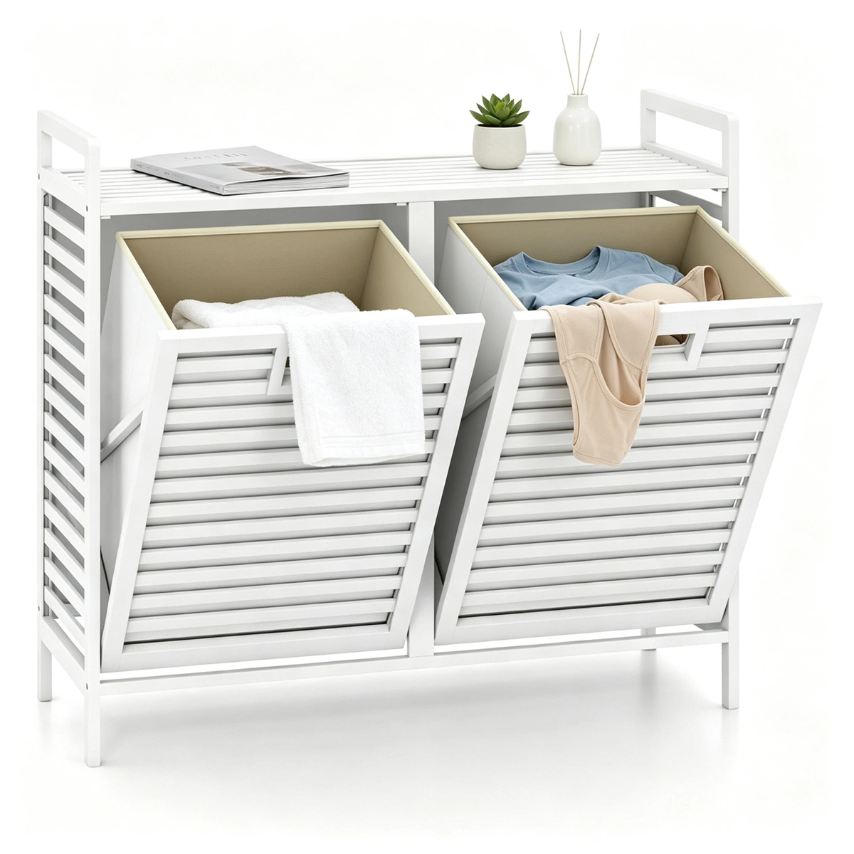 Bamboo 2-Bin Pull-Out Laundry Hamper Cabinet, 10-Gallon Removable Fabric Sorter Baskets with Top Shelf, Ventilated Tilt-Out Laundry Organizer - White view 2
