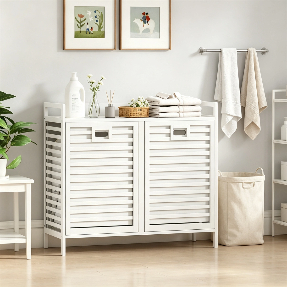 Bamboo 2-Bin Pull-Out Laundry Hamper Cabinet, 10-Gallon Removable Fabric Sorter Baskets with Top Shelf, Ventilated Tilt-Out Laundry Organizer - White view 6