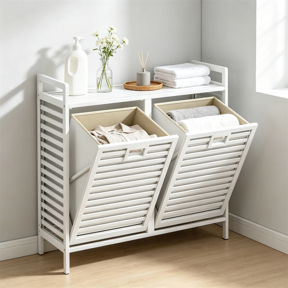 Bamboo 2-Bin Pull-Out Laundry Hamper Cabinet, 10-Gallon Removable Fabric Sorter Baskets with Top Shelf, Ventilated Tilt-Out Laundry Organizer - White view 7