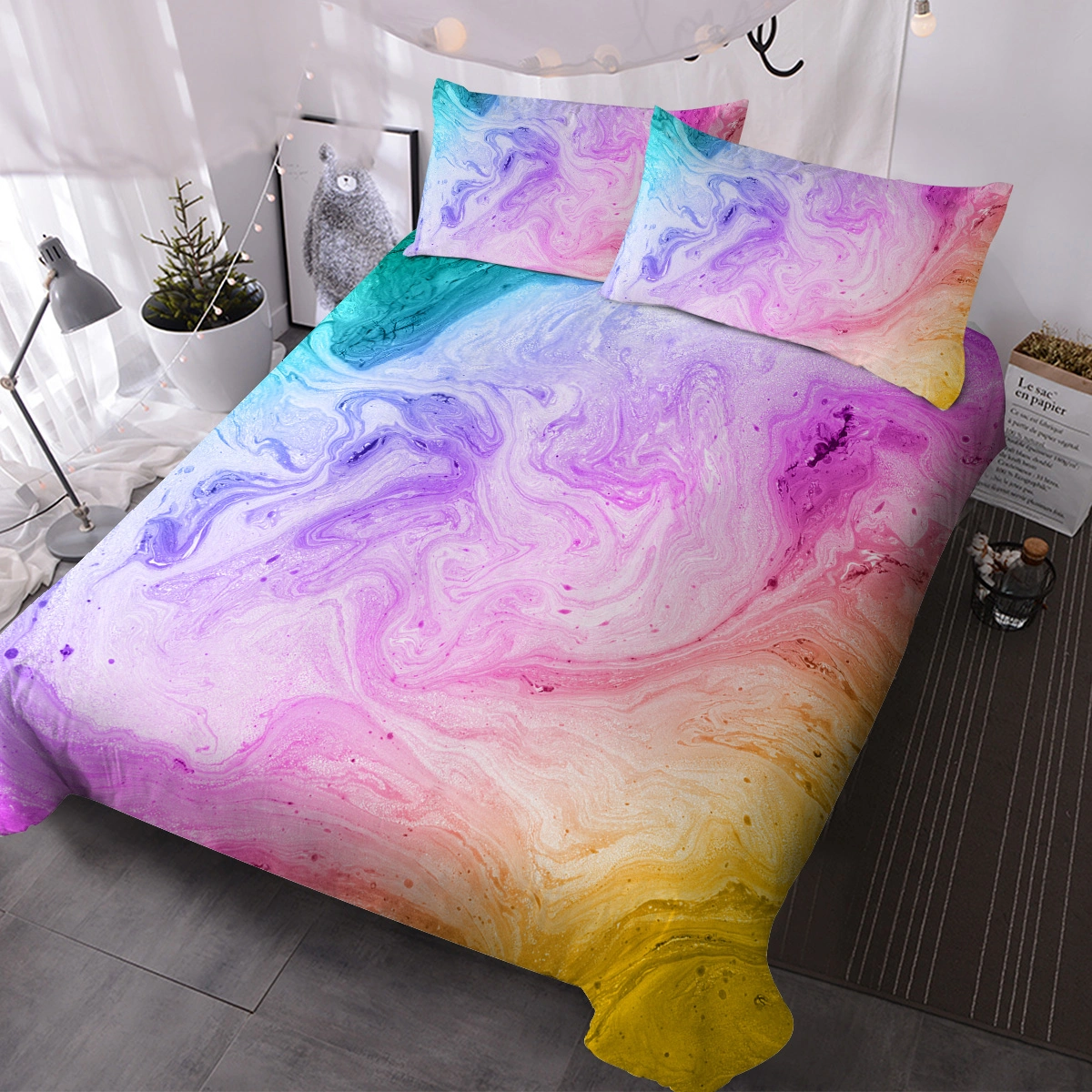 Girly Duvet Cover Set 3 Pcs Rainbow Glitter Ombre Unicorn Bedding Pink Purple Blue Green Pastel Single with 2 Pillow Shams