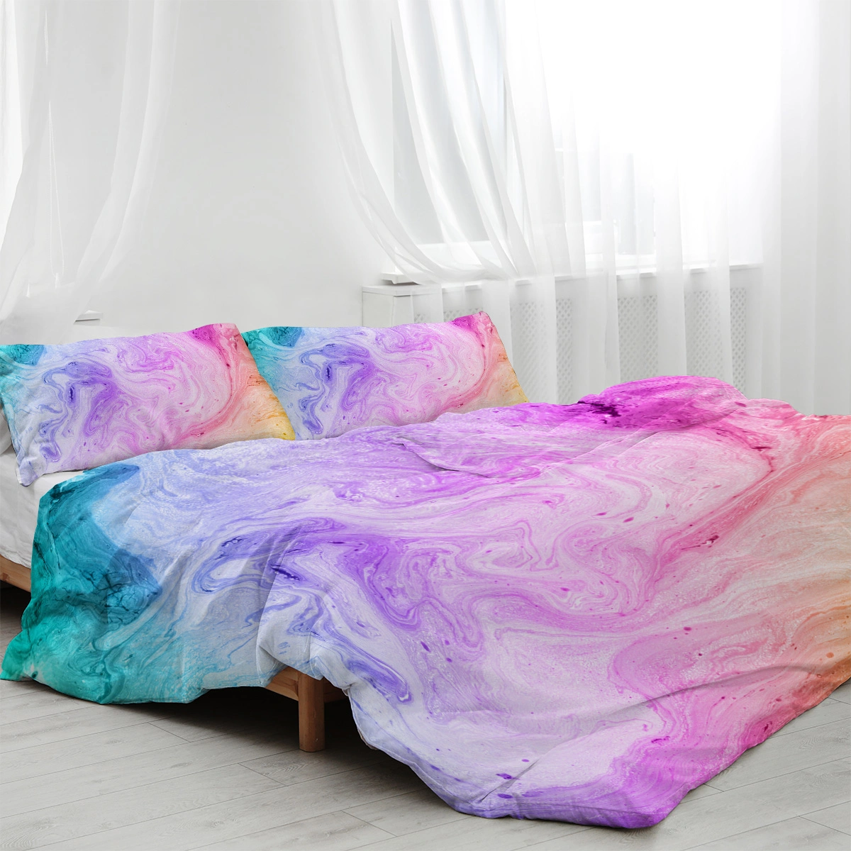 Girly Duvet Cover Set 3 Pcs Rainbow Glitter Ombre Unicorn Bedding Pink Purple Blue Green Pastel Single with 2 Pillow Shams view 2