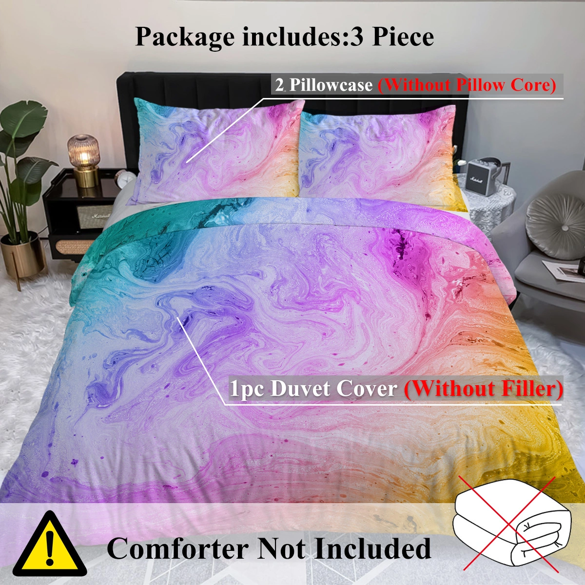 Girly Duvet Cover Set 3 Pcs Rainbow Glitter Ombre Unicorn Bedding Pink Purple Blue Green Pastel Single with 2 Pillow Shams view 4