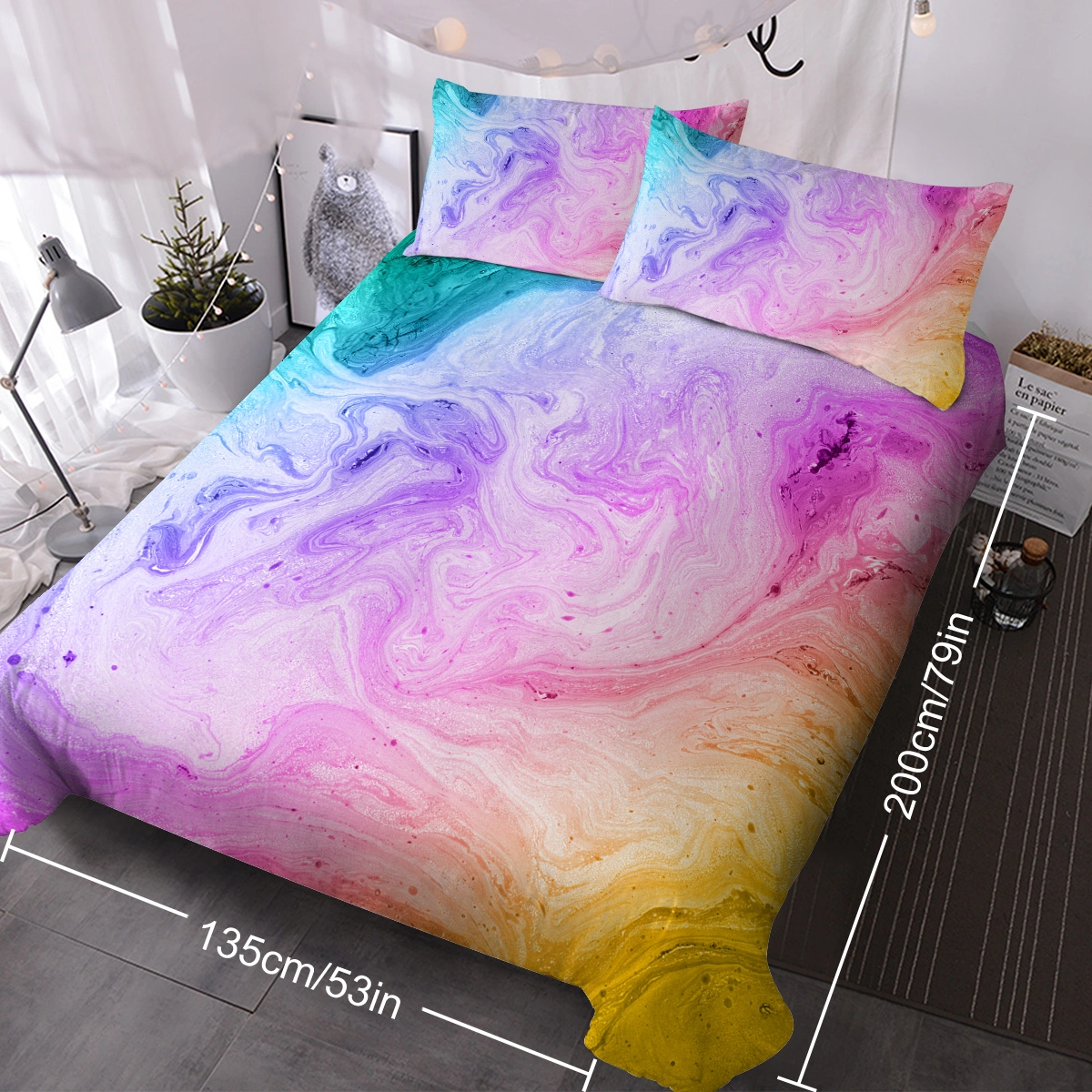 Girly Duvet Cover Set 3 Pcs Rainbow Glitter Ombre Unicorn Bedding Pink Purple Blue Green Pastel Single with 2 Pillow Shams view 9