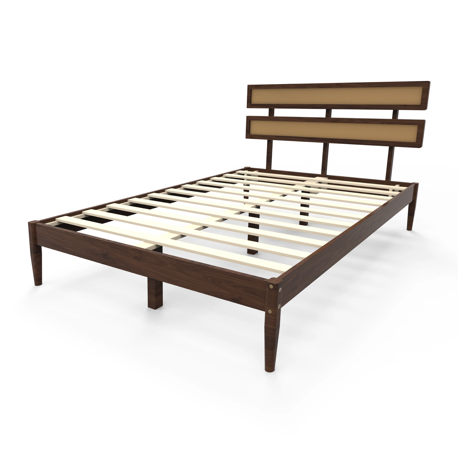 Dark walnut wood painted finish + rattan and pine wood double headboard full size wooden bed, Bohemian style view 13