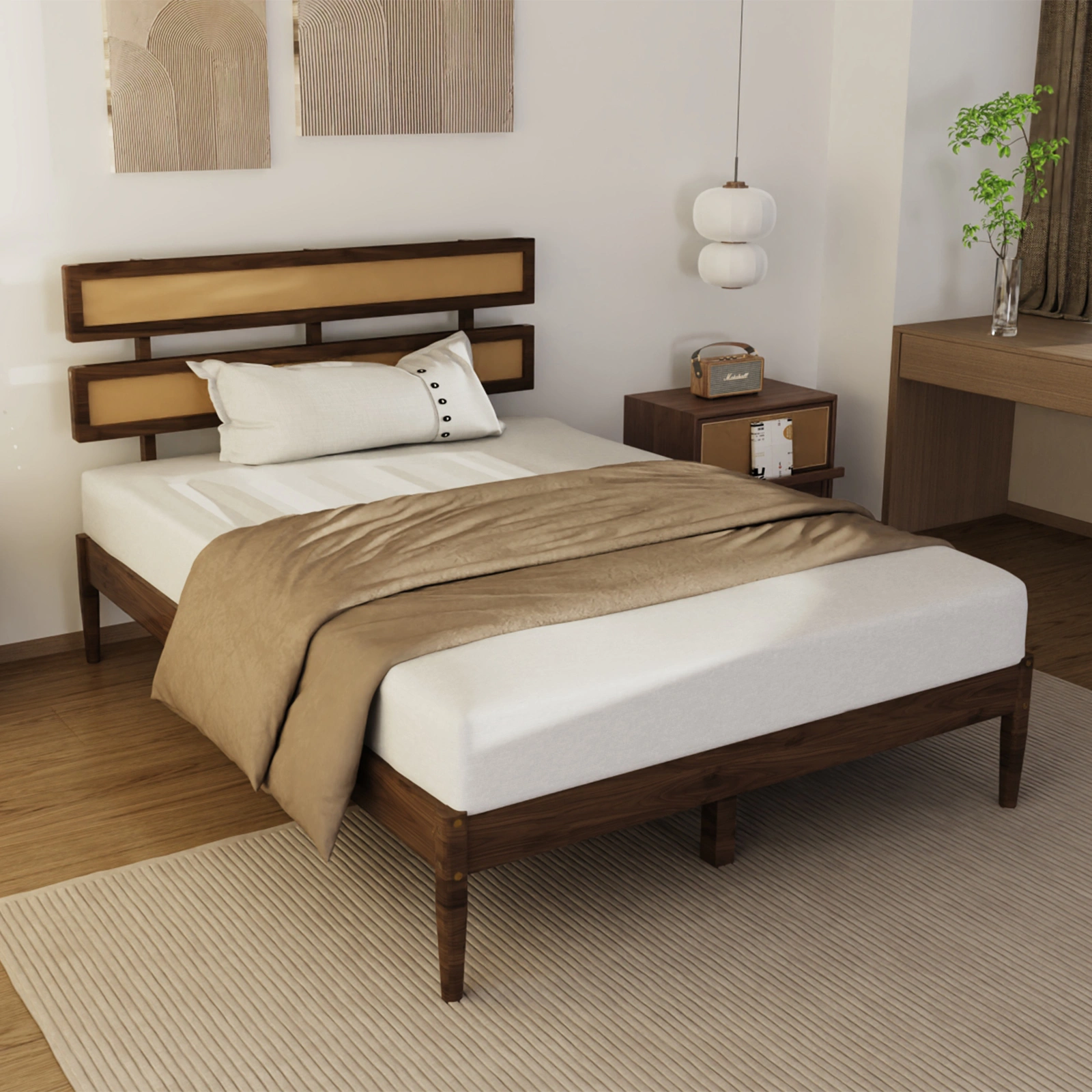 Dark walnut wood painted finish + rattan and pine wood double headboard full size wooden bed, Bohemian style view 2