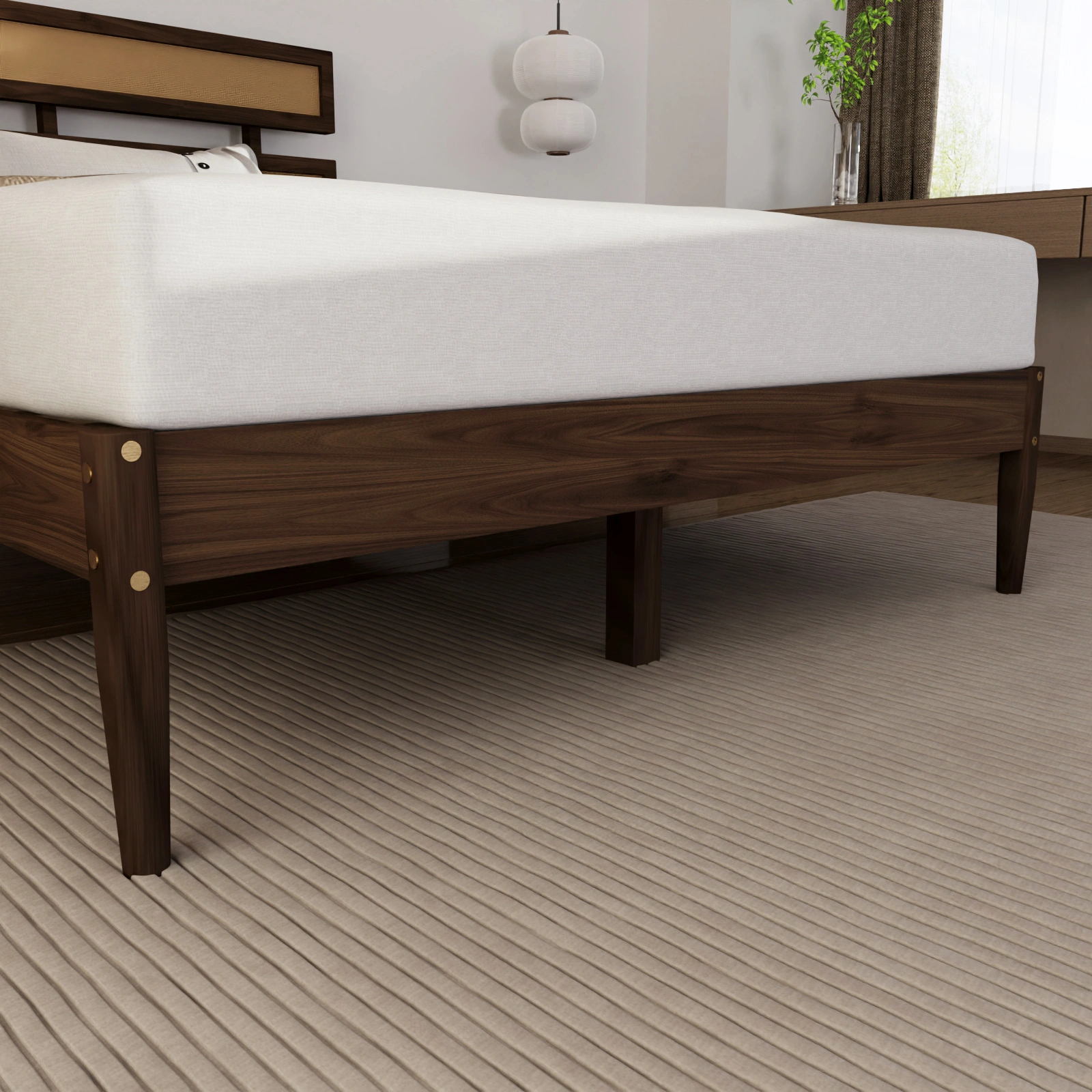 Dark walnut wood painted finish + rattan and pine wood double headboard full size wooden bed, Bohemian style view 4