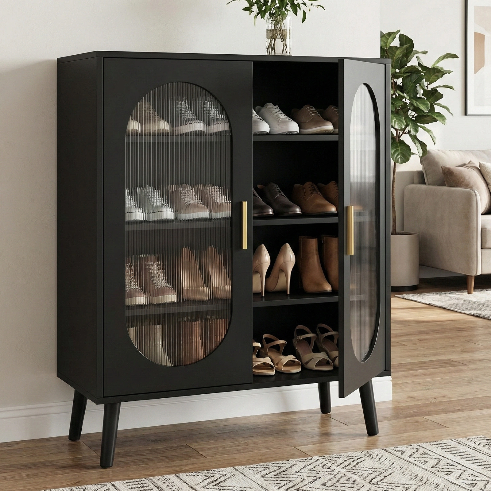 2-door shoe cabinet with high legs, internal 4-tier shelving, USB LED light strip, and 24-key adjustable lighting. Made of particleboard and polycarbonate. Dimensions: 68*40*83.5 cm. Color: Black