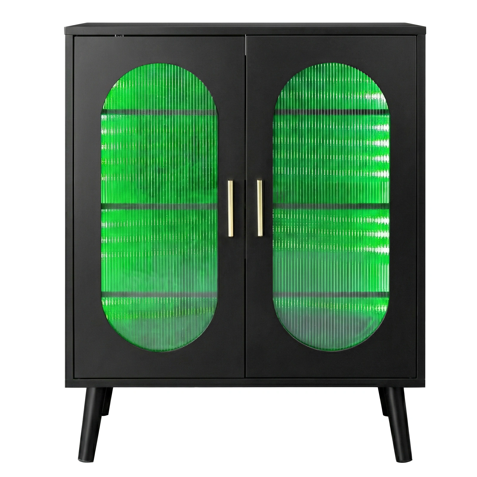 2-door shoe cabinet with high legs, internal 4-tier shelving, USB LED light strip, and 24-key adjustable lighting. Made of particleboard and polycarbonate. Dimensions: 68*40*83.5 cm. Color: Black view 10