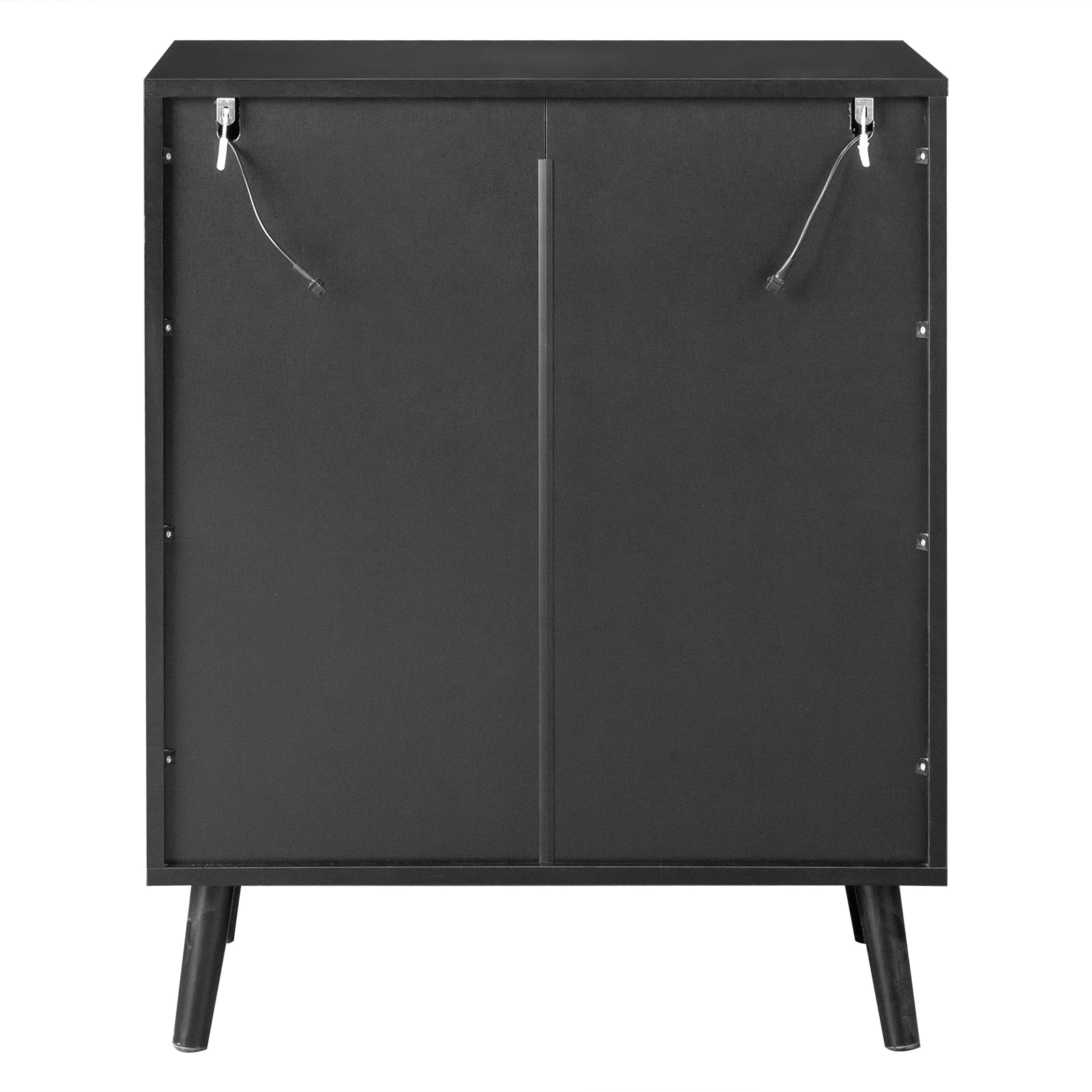 2-door shoe cabinet with high legs, internal 4-tier shelving, USB LED light strip, and 24-key adjustable lighting. Made of particleboard and polycarbonate. Dimensions: 68*40*83.5 cm. Color: Black view 2