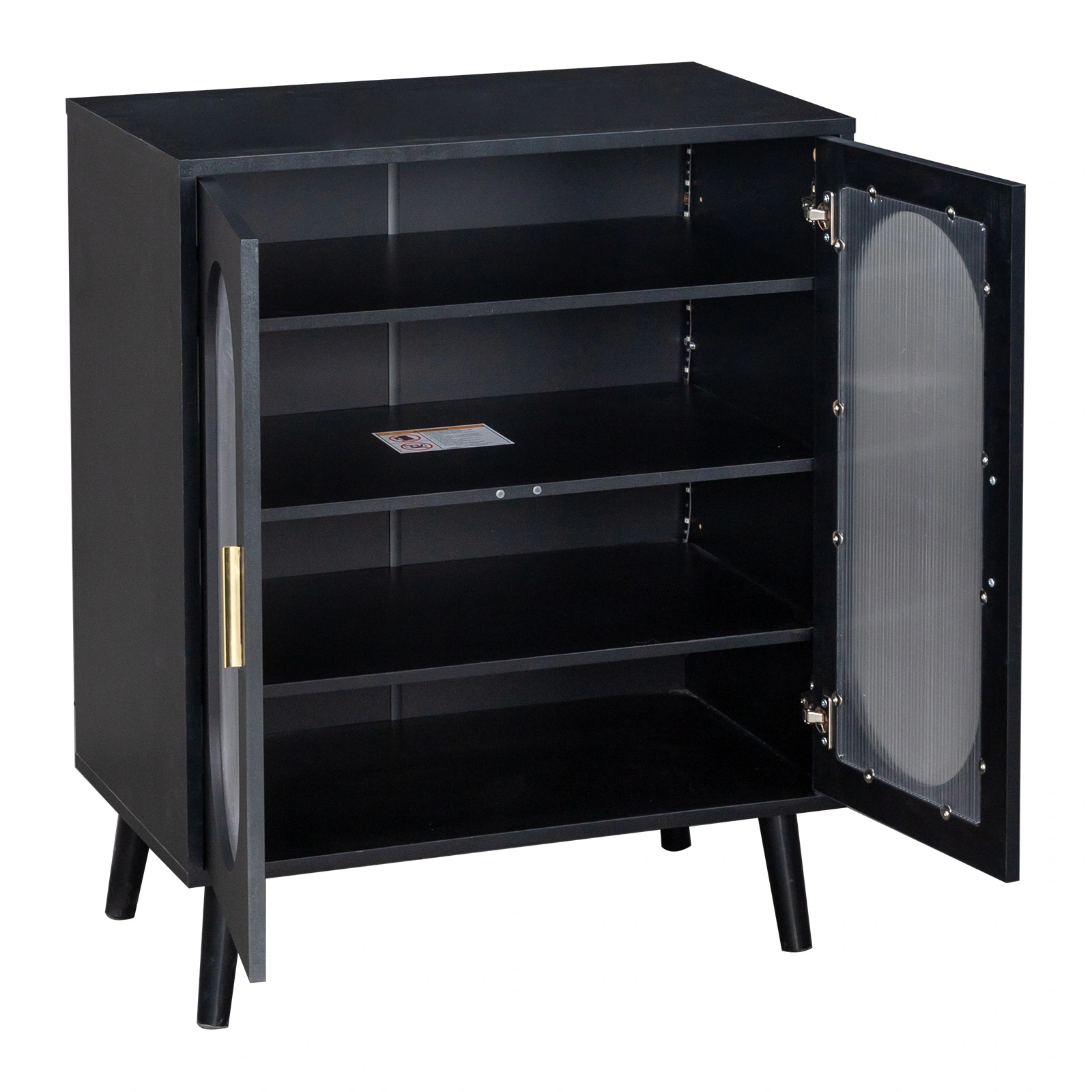 2-door shoe cabinet with high legs, internal 4-tier shelving, USB LED light strip, and 24-key adjustable lighting. Made of particleboard and polycarbonate. Dimensions: 68*40*83.5 cm. Color: Black view 3