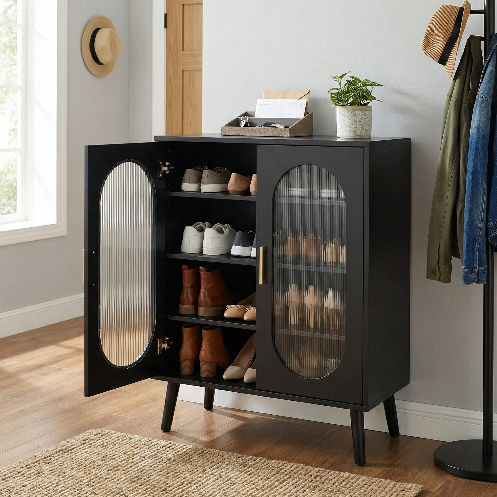 2-door shoe cabinet with high legs, internal 4-tier shelving, USB LED light strip, and 24-key adjustable lighting. Made of particleboard and polycarbonate. Dimensions: 68*40*83.5 cm. Color: Black view 4