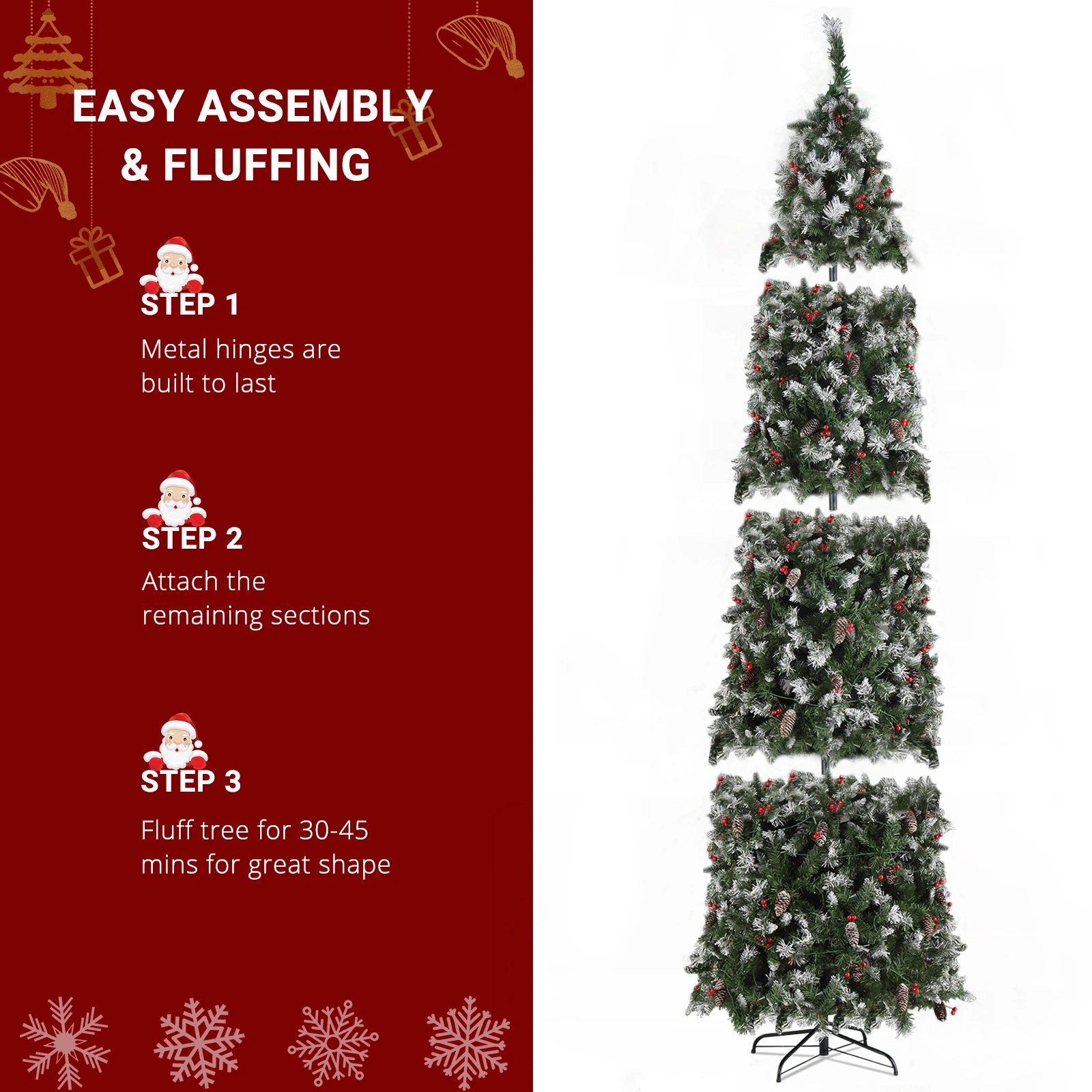 9ft Pre-Lit Christmas Tree, Pointed Pencil Shape, 460 Warm White LED Lights, 8 Modes, Sticky White Base, Green PVC view 2