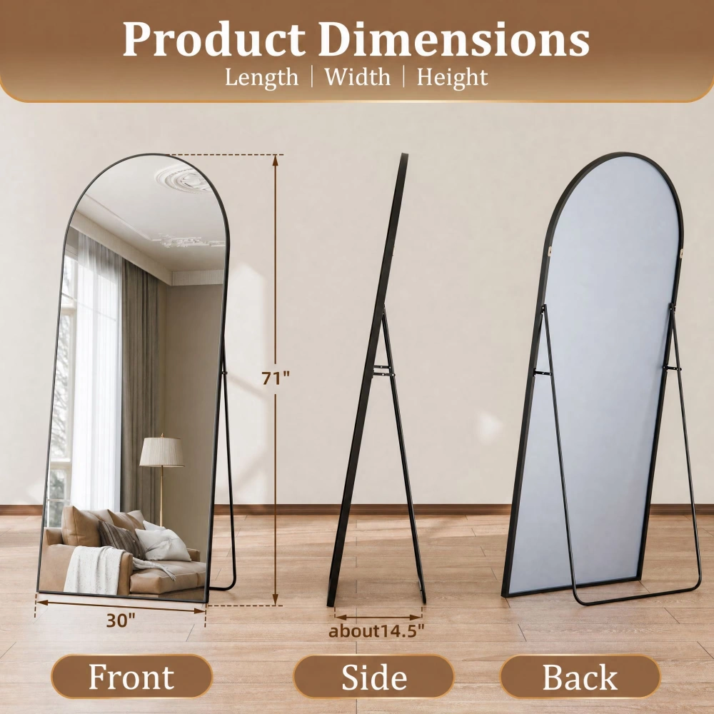71x30 Arch Top Full Length Floor Mirror, Oversized Metal Frame Standing Mirror, Freestanding Wall Mirror for Bedroom Living Room, Black view 4