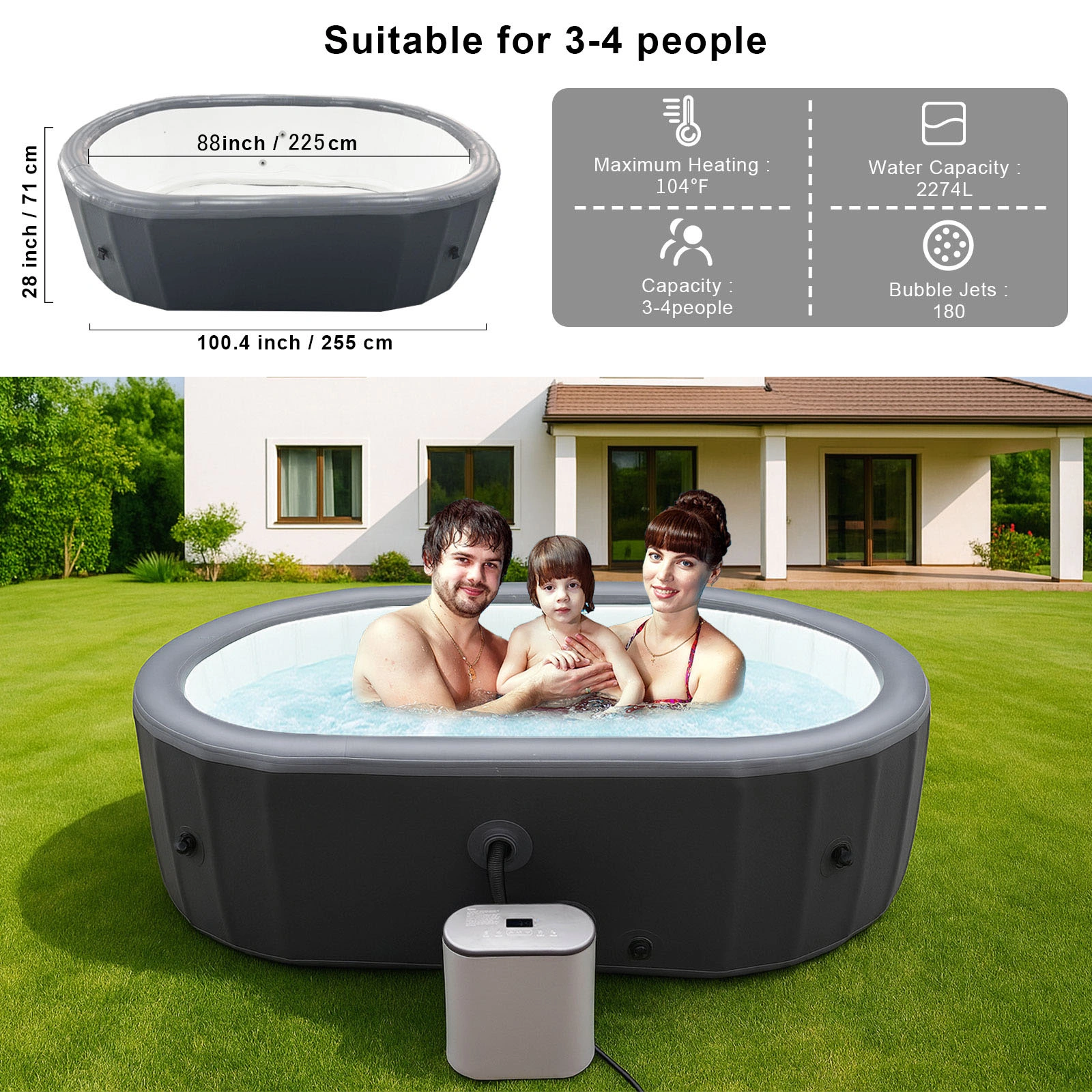 Hot Tub Inflatable Portable Oval Spa 2 Person Hot Tub with 180 Bubble Jets, Cover, Filter Cartridges, Pump view 3