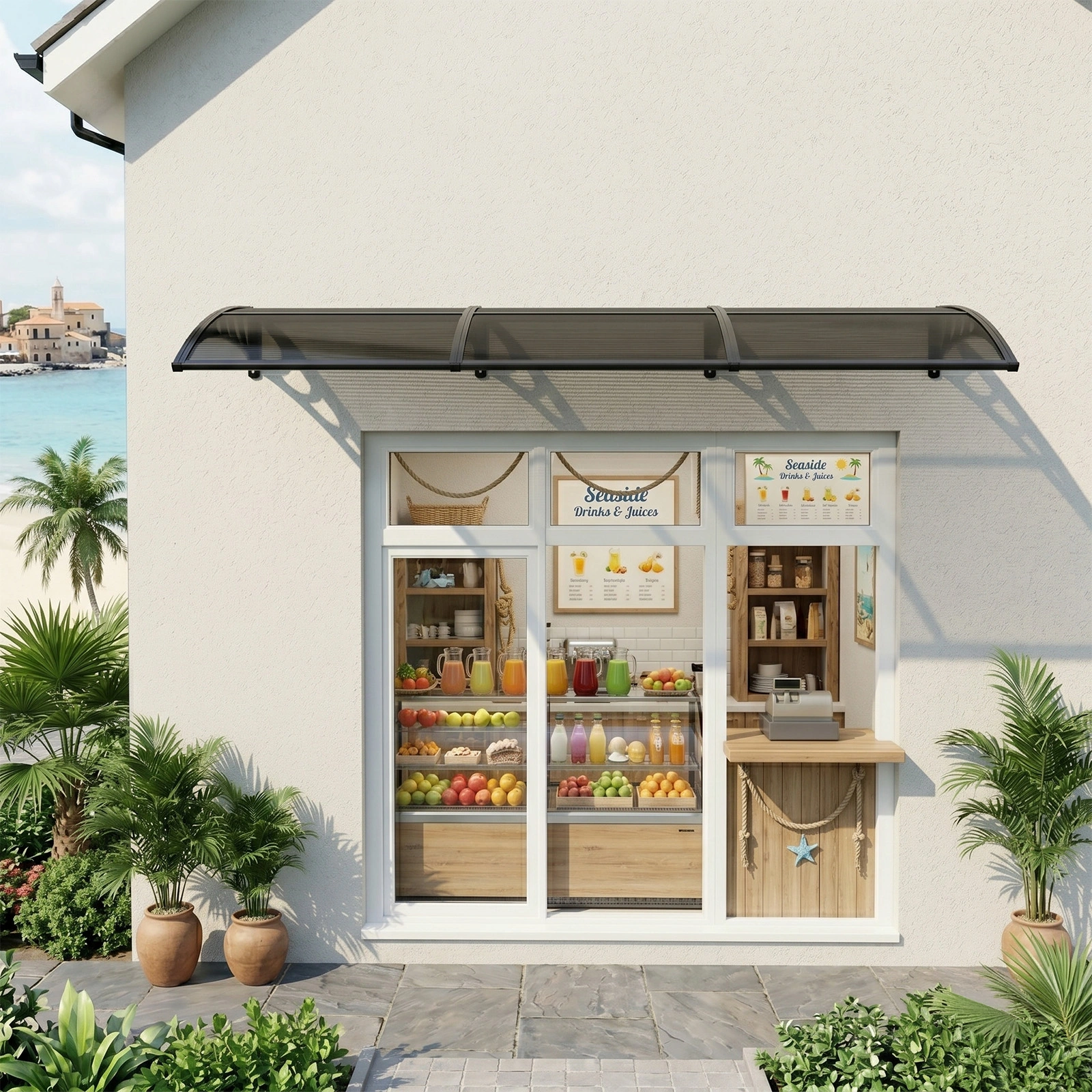 Awning for Door Entrance with Drainage Sink, 40x120 Inch Window Canopy Exterior, UV Rain Snow Protection for House Porch Patio Deck, Black Bracket & Brown Board view 12