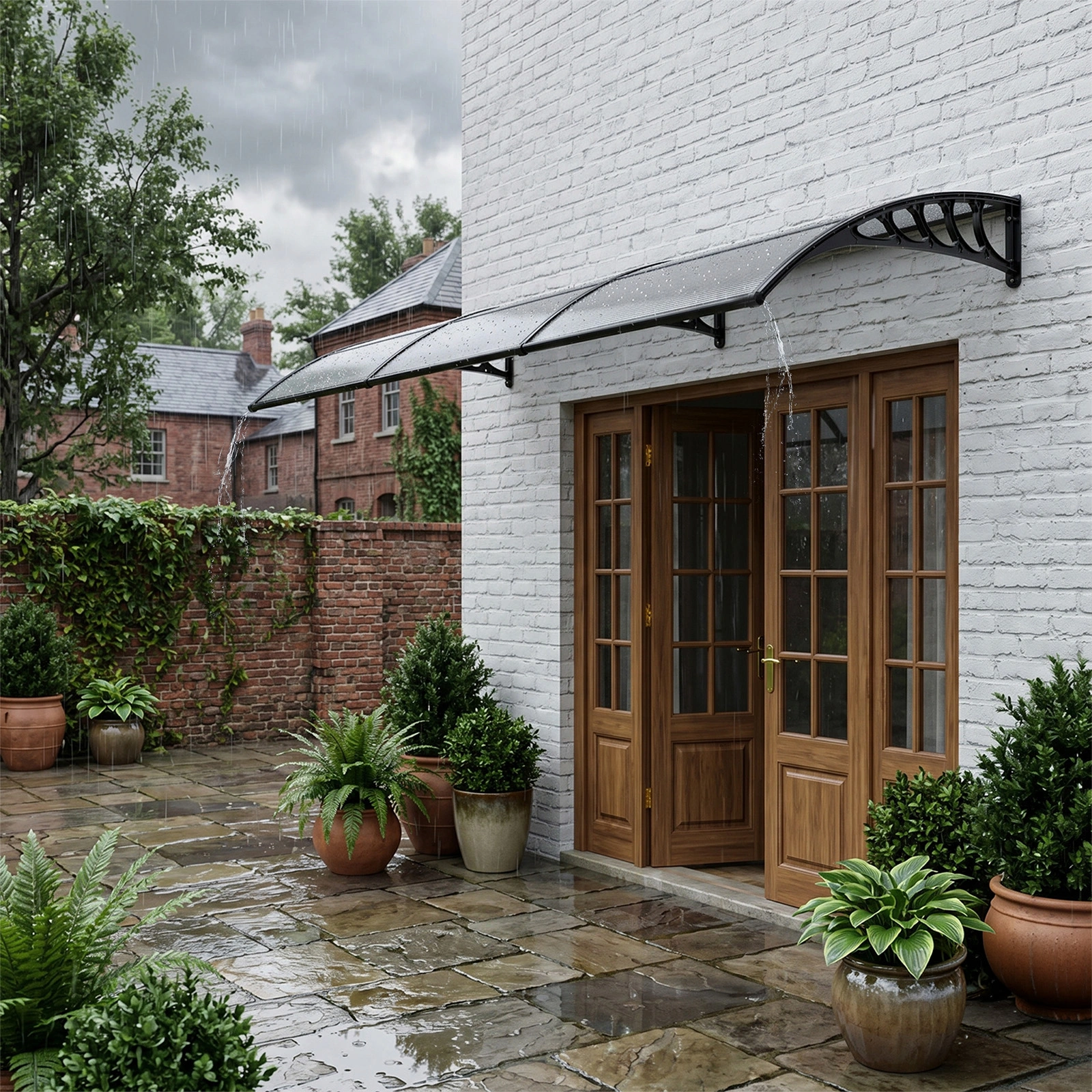 Awning for Door Entrance with Drainage Sink, 40x120 Inch Window Canopy Exterior, UV Rain Snow Protection for House Porch Patio Deck, Black Bracket & Brown Board view 16
