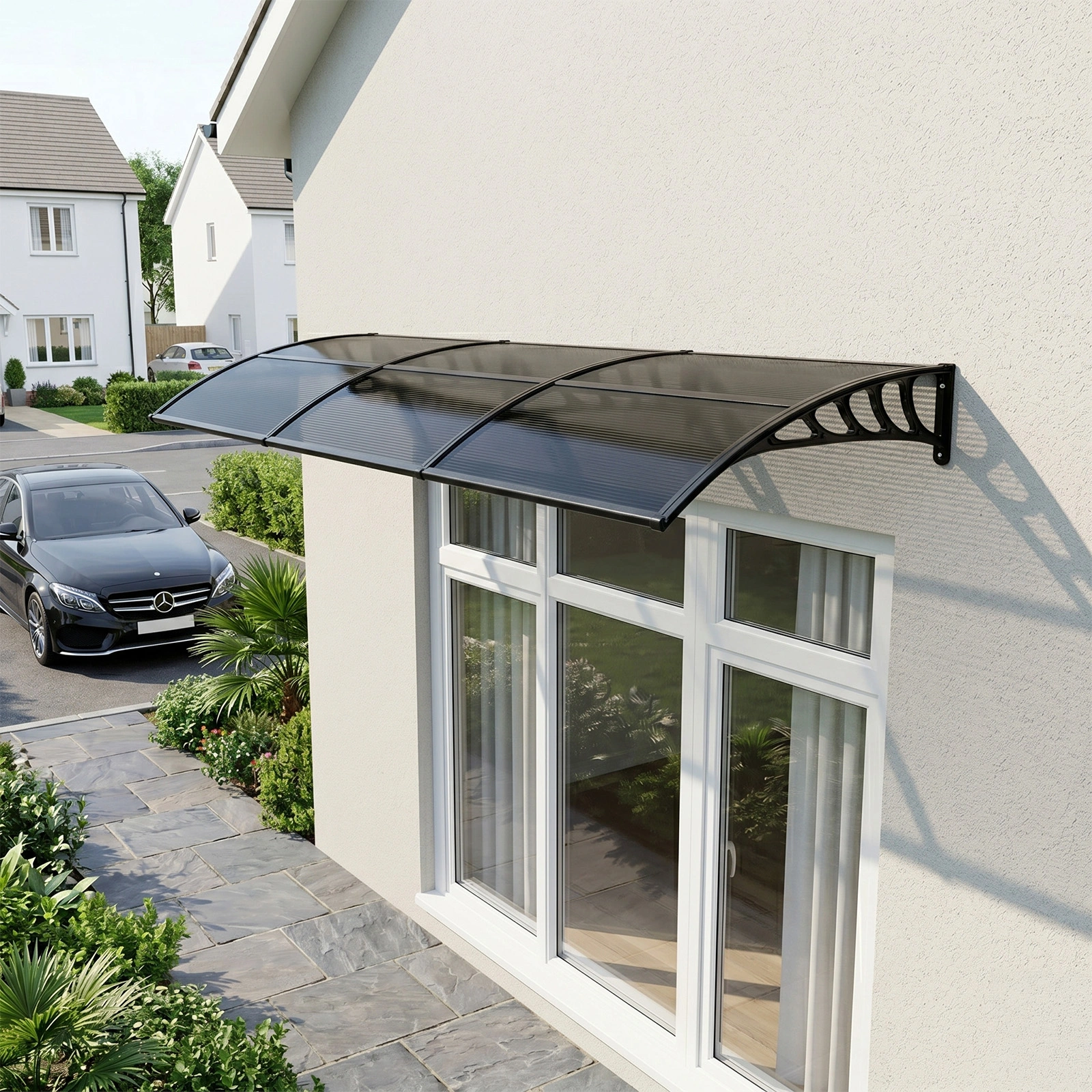 Awning for Door Entrance with Drainage Sink, 40x120 Inch Window Canopy Exterior, UV Rain Snow Protection for House Porch Patio Deck, Black Bracket & Brown Board view 19