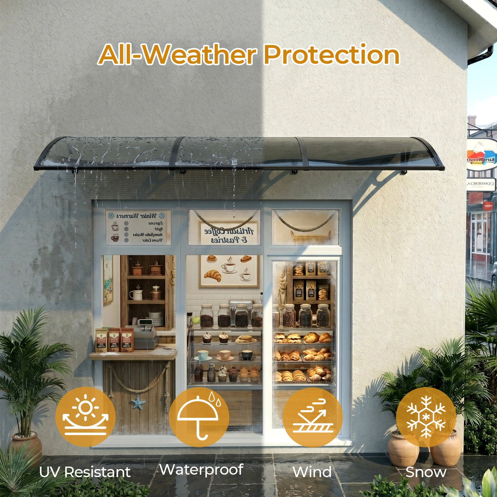 Awning for Door Entrance with Drainage Sink, 40x120 Inch Window Canopy Exterior, UV Rain Snow Protection for House Porch Patio Deck, Black Bracket & Brown Board view 7