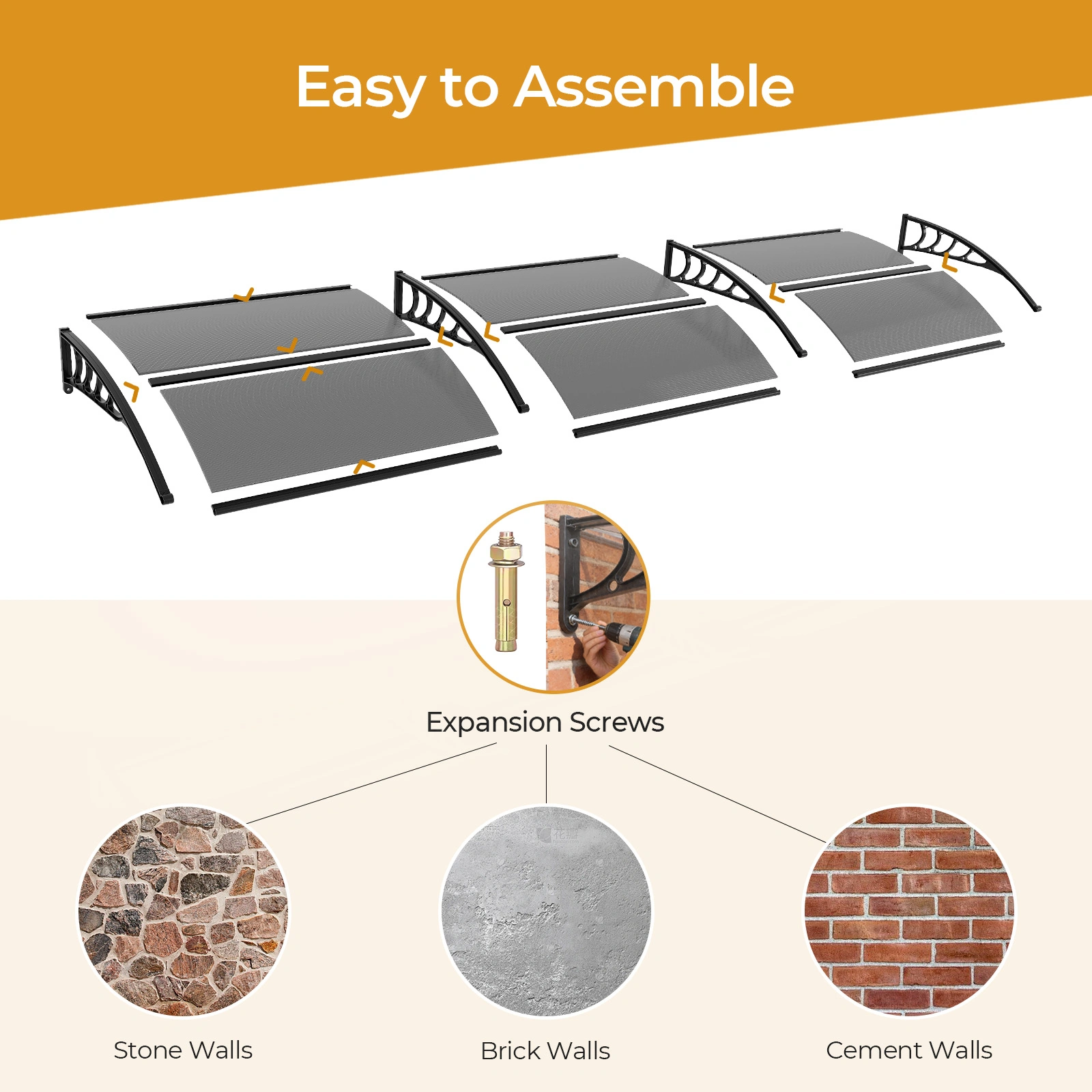 Awning for Door Entrance with Drainage Sink, 40x120 Inch Window Canopy Exterior, UV Rain Snow Protection for House Porch Patio Deck, Black Bracket & Brown Board view 9