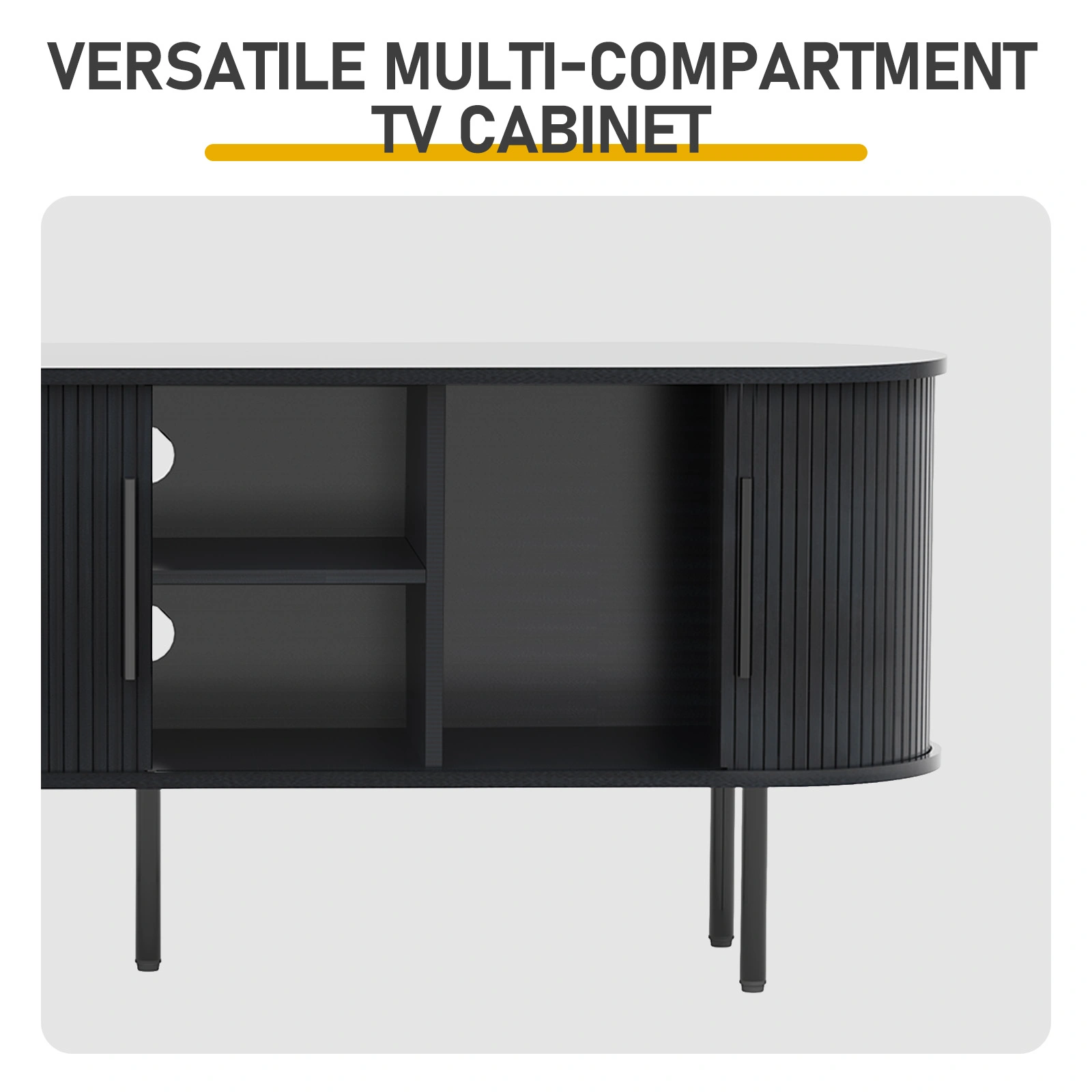 Black Embossed Particle Board TV Stand, Oval Tabletop 147×35×58cm, Entertainment Center with Slatted Sliding Doors, Modern Media Console Cabinet for Living Room view 7