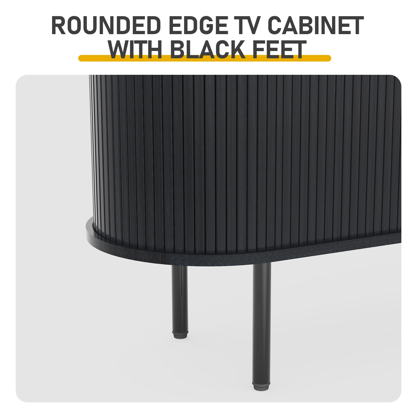 Black Embossed Particle Board TV Stand, Oval Tabletop 147×35×58cm, Entertainment Center with Slatted Sliding Doors, Modern Media Console Cabinet for Living Room view 8