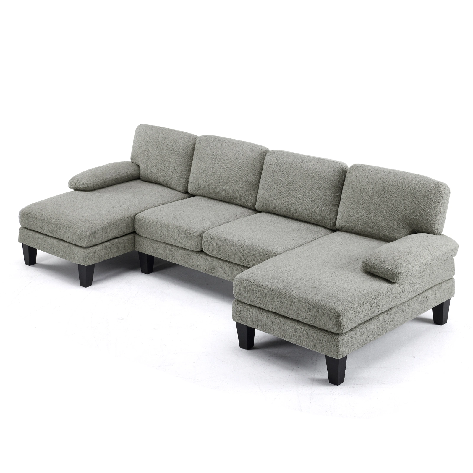 U-Shaped Convertible Sectional Sofa with 2 Short Chaise Lounges, 4-Seater Modular Chenille Fabric Couch with Plastic Legs, 111.4" L x 48.4" D x 33.1" H Indoor Living Room Combination Sofa, Grey Blue