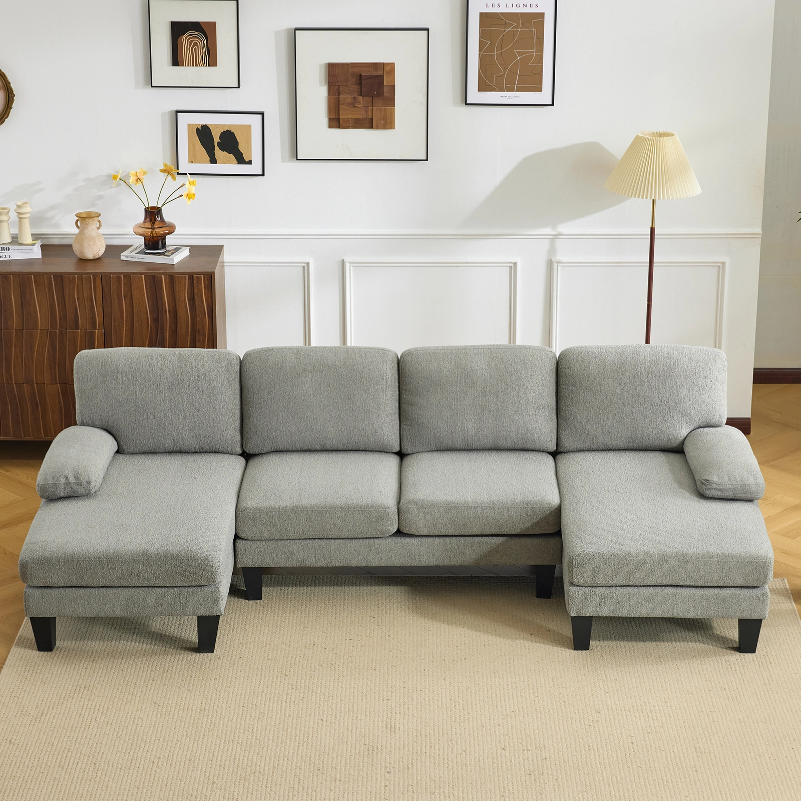 U-Shaped Convertible Sectional Sofa with 2 Short Chaise Lounges, 4-Seater Modular Chenille Fabric Couch with Plastic Legs, 111.4" L x 48.4" D x 33.1" H Indoor Living Room Combination Sofa, Grey Blue view 10