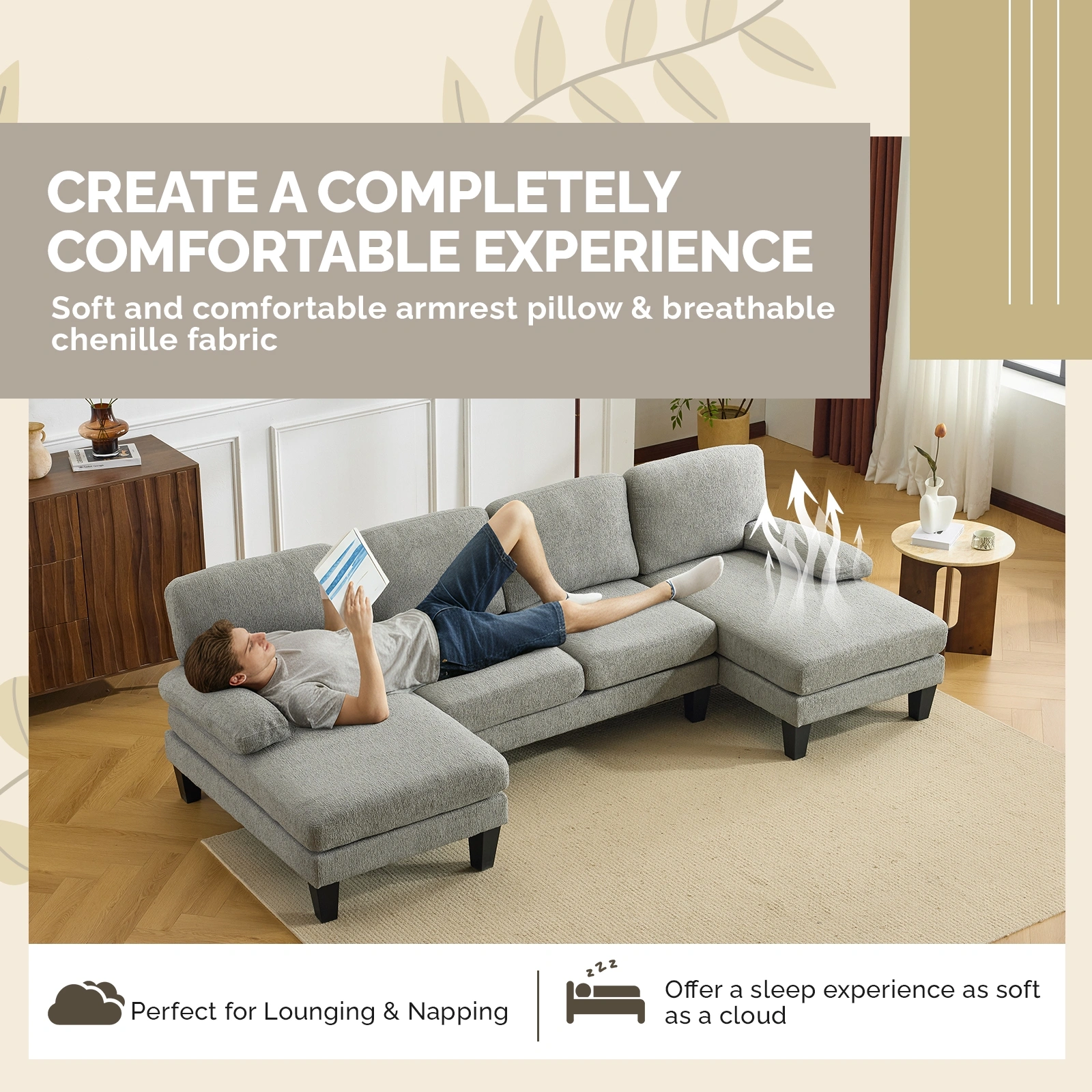 U-Shaped Convertible Sectional Sofa with 2 Short Chaise Lounges, 4-Seater Modular Chenille Fabric Couch with Plastic Legs, 111.4" L x 48.4" D x 33.1" H Indoor Living Room Combination Sofa, Grey Blue view 12