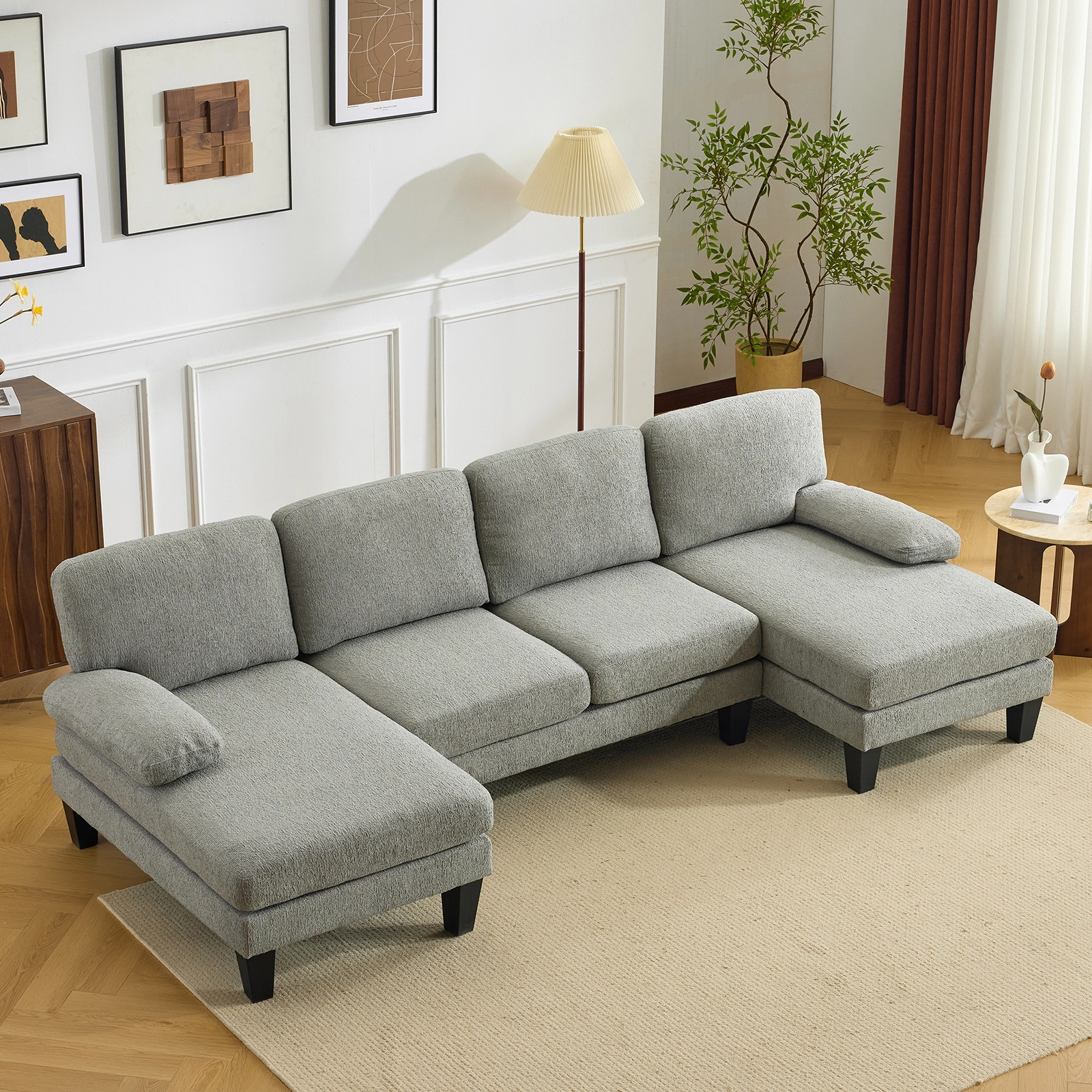 U-Shaped Convertible Sectional Sofa with 2 Short Chaise Lounges, 4-Seater Modular Chenille Fabric Couch with Plastic Legs, 111.4" L x 48.4" D x 33.1" H Indoor Living Room Combination Sofa, Grey Blue view 2