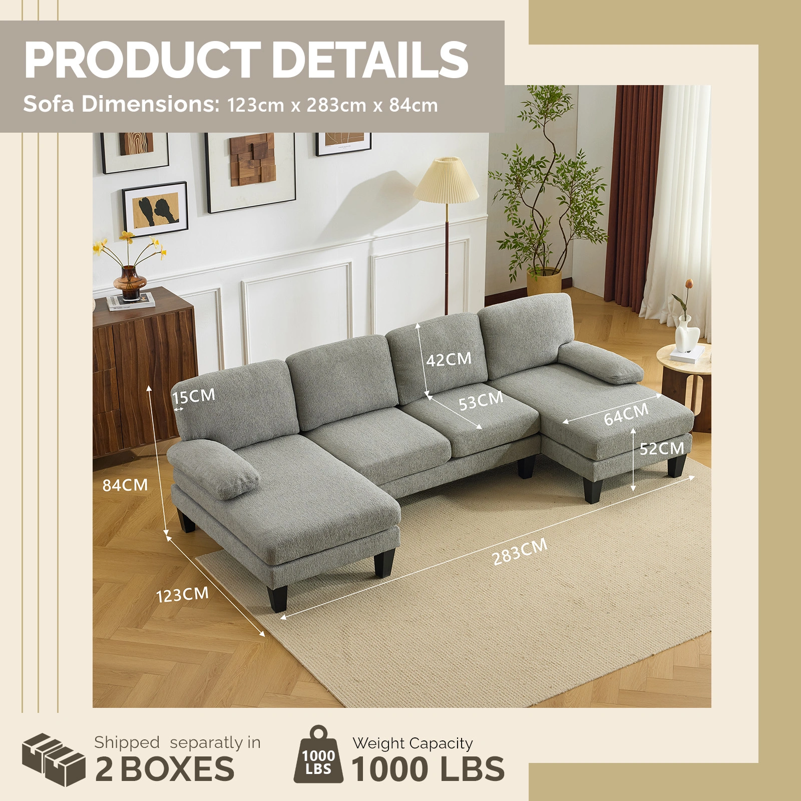 U-Shaped Convertible Sectional Sofa with 2 Short Chaise Lounges, 4-Seater Modular Chenille Fabric Couch with Plastic Legs, 111.4" L x 48.4" D x 33.1" H Indoor Living Room Combination Sofa, Grey Blue view 3