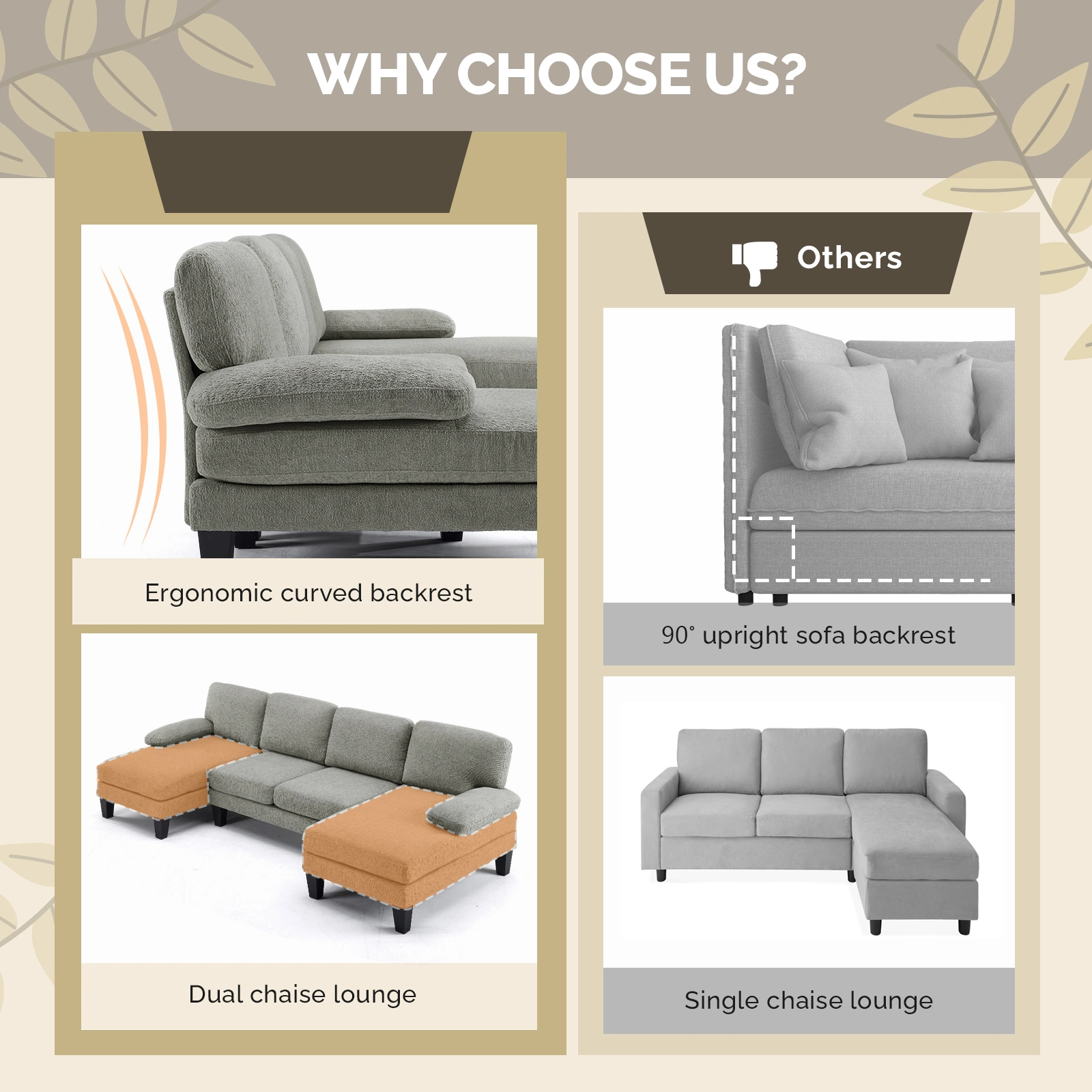 U-Shaped Convertible Sectional Sofa with 2 Short Chaise Lounges, 4-Seater Modular Chenille Fabric Couch with Plastic Legs, 111.4" L x 48.4" D x 33.1" H Indoor Living Room Combination Sofa, Grey Blue view 4