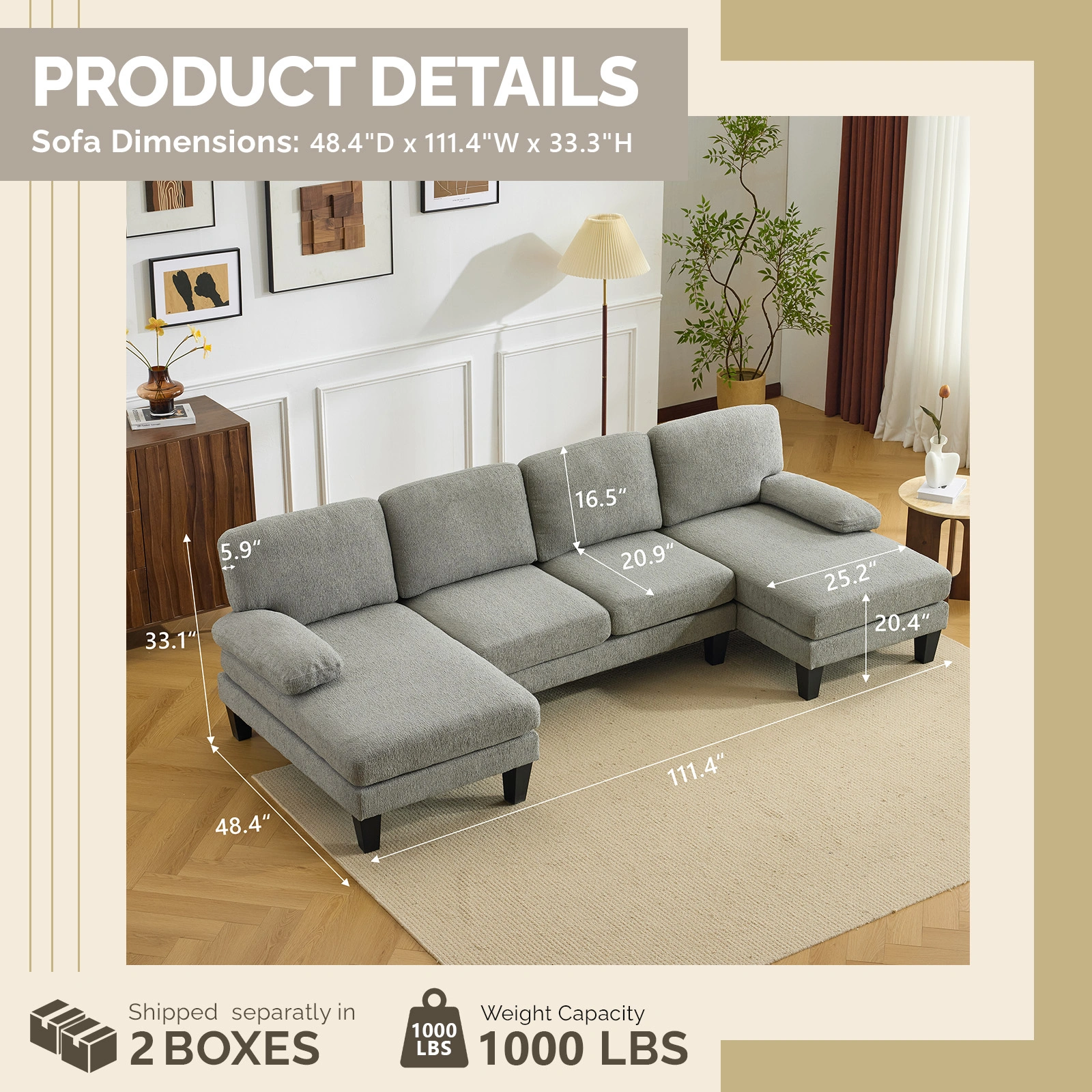 U-Shaped Convertible Sectional Sofa with 2 Short Chaise Lounges, 4-Seater Modular Chenille Fabric Couch with Plastic Legs, 111.4" L x 48.4" D x 33.1" H Indoor Living Room Combination Sofa, Grey Blue view 5